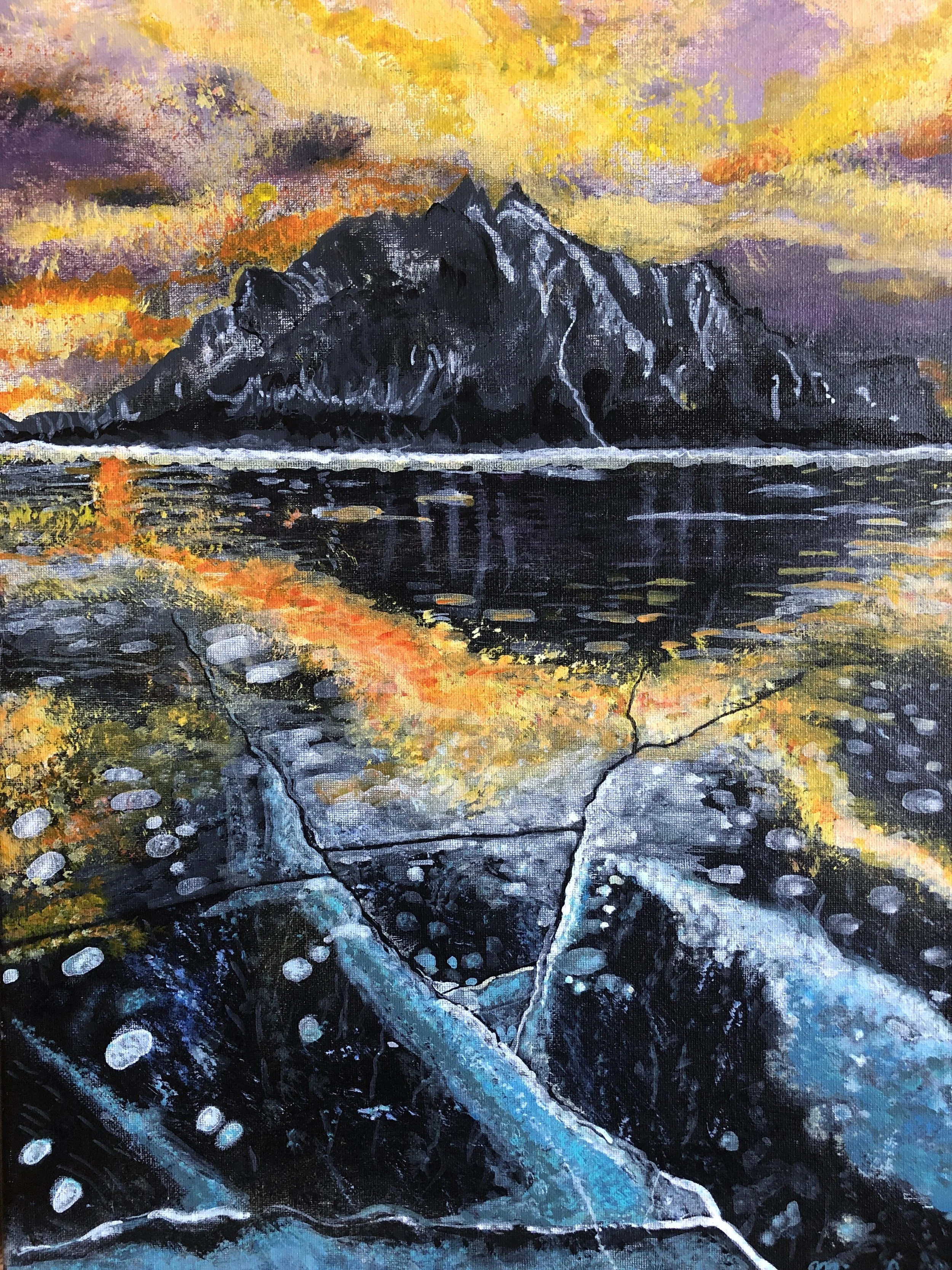 NAME: Breaking Ice
DESCRIPTION: See yourself in a world of breathtaking beauty with this stunning painting depicting a serene landscape, where cracked ice stretches across a frozen lake beneath the towering majesty of a mountain peak, all illuminated