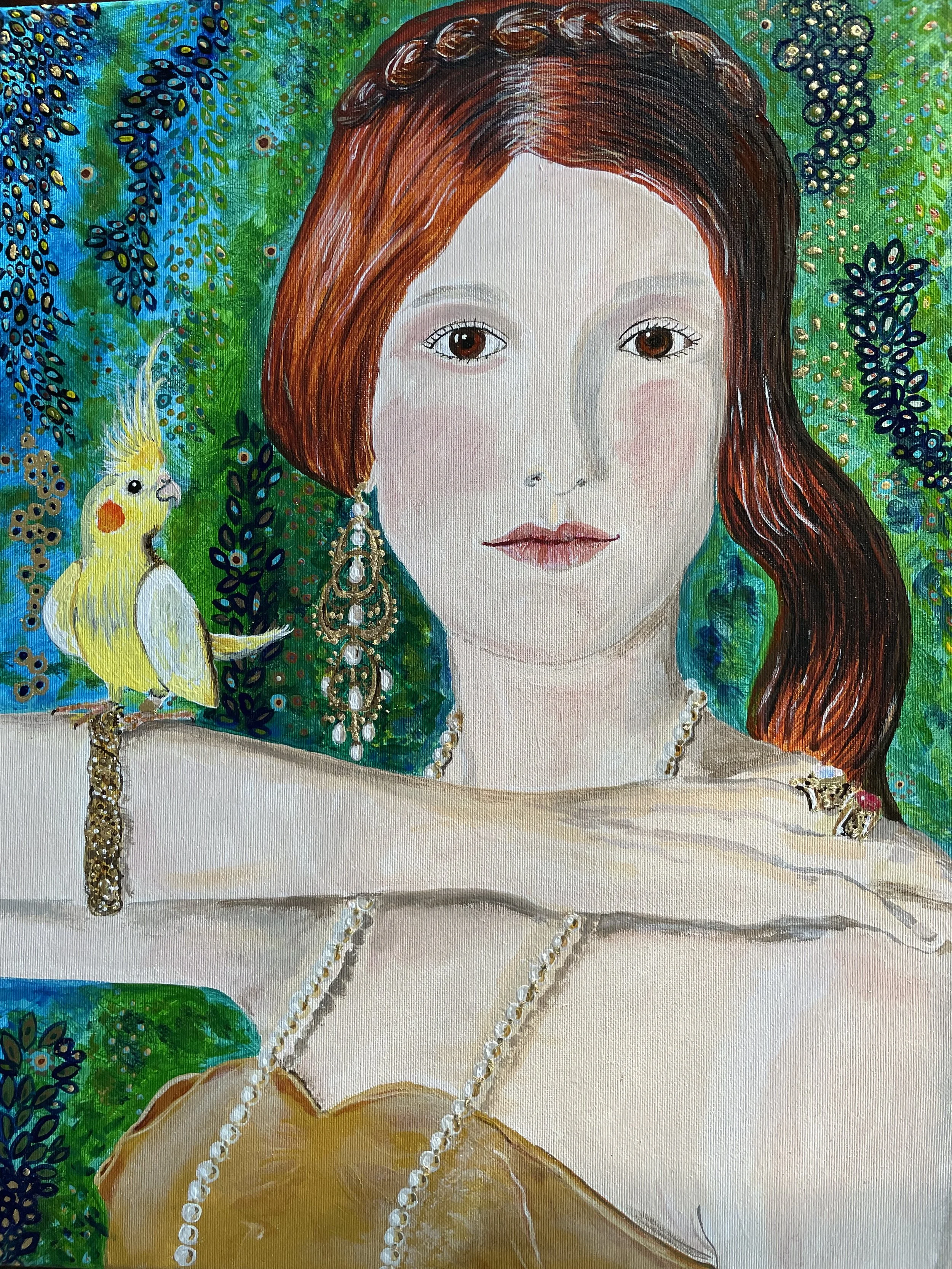 NAME: Gustavina
DESCRIPTION: Indulge in the opulent beauty of this captivating painting of a graceful lady with her bird, inspired by the iconic style of Gustav Klimt. Rich patterns, luxurious textures, and a harmonious color palette echo Klimt’s cel