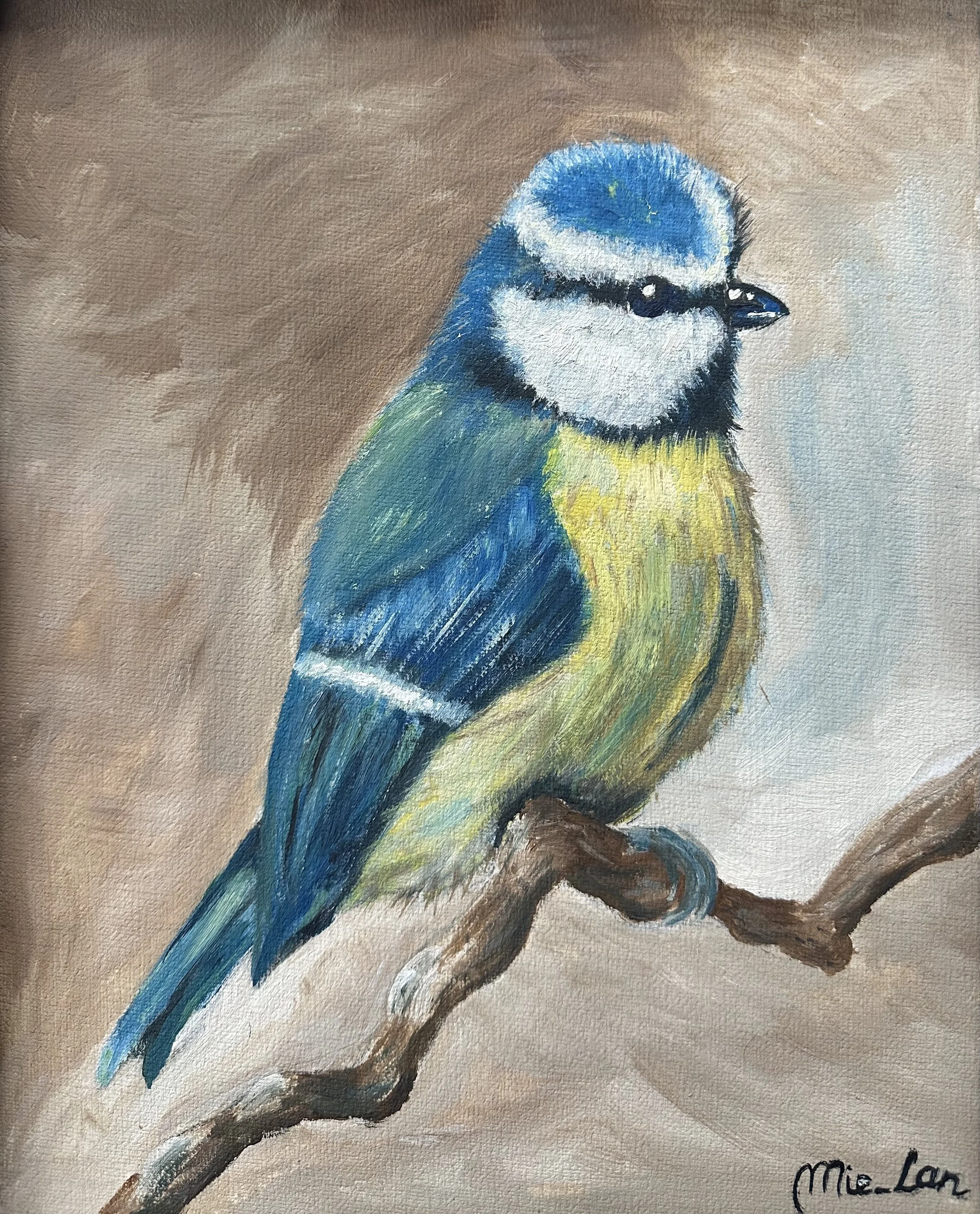 NAME: Blue Tit DESCRIPTION: Inspired by the delicate beauty of the Blue Tit bird, this painting captures the essence of its iridescent blue plumage, contrasting with its golden belly and striking black markings. Each brushstroke is infused with the s