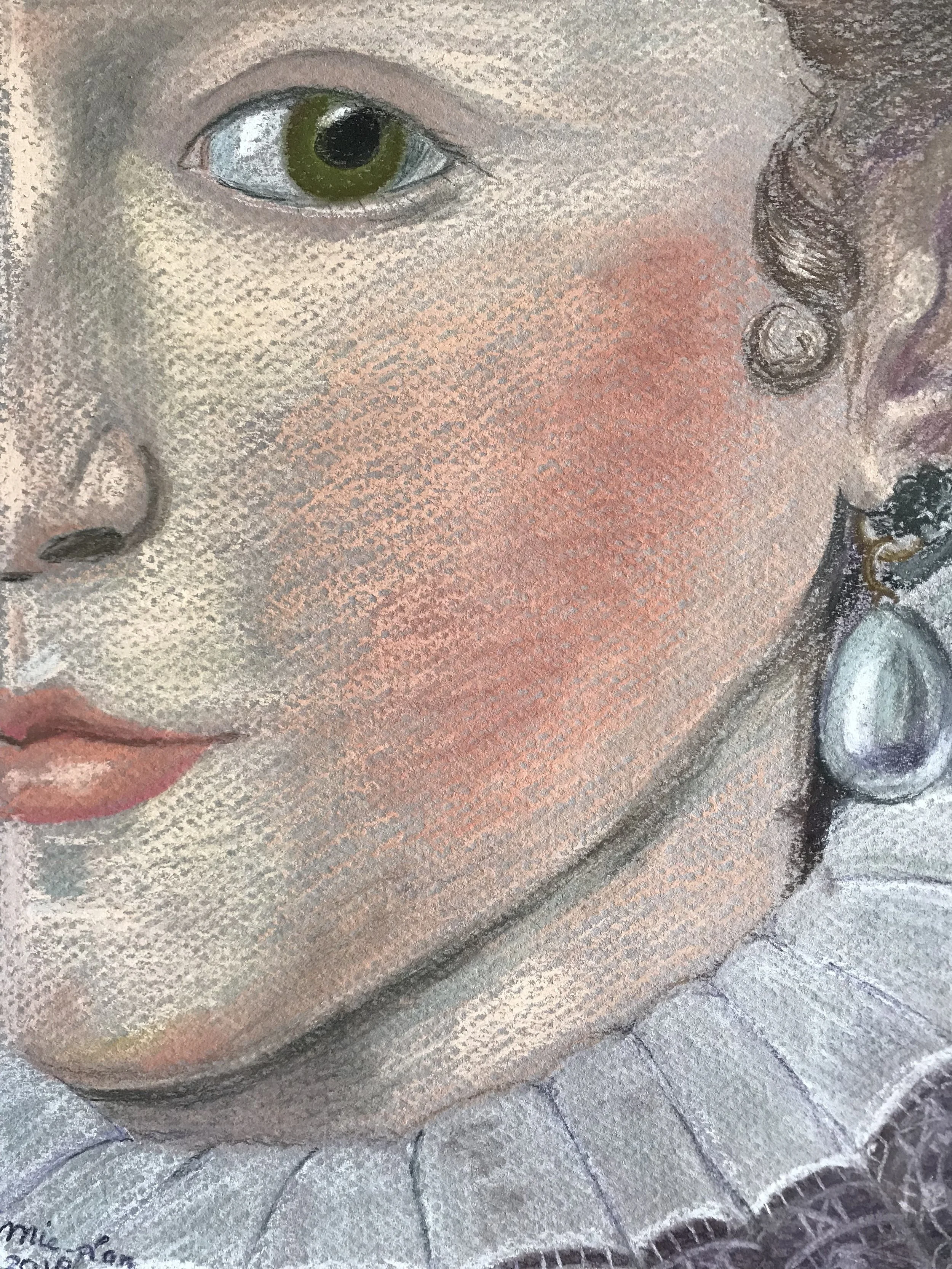 NAME:  Girl with the Earring DESCRIPTION: Step into the opulence of the Golden Age with our captivating drawing featuring a piece of a portrait of a woman adorned with a lustrous pearl earring. This exquisite artwork captures the essence of 17th-cent