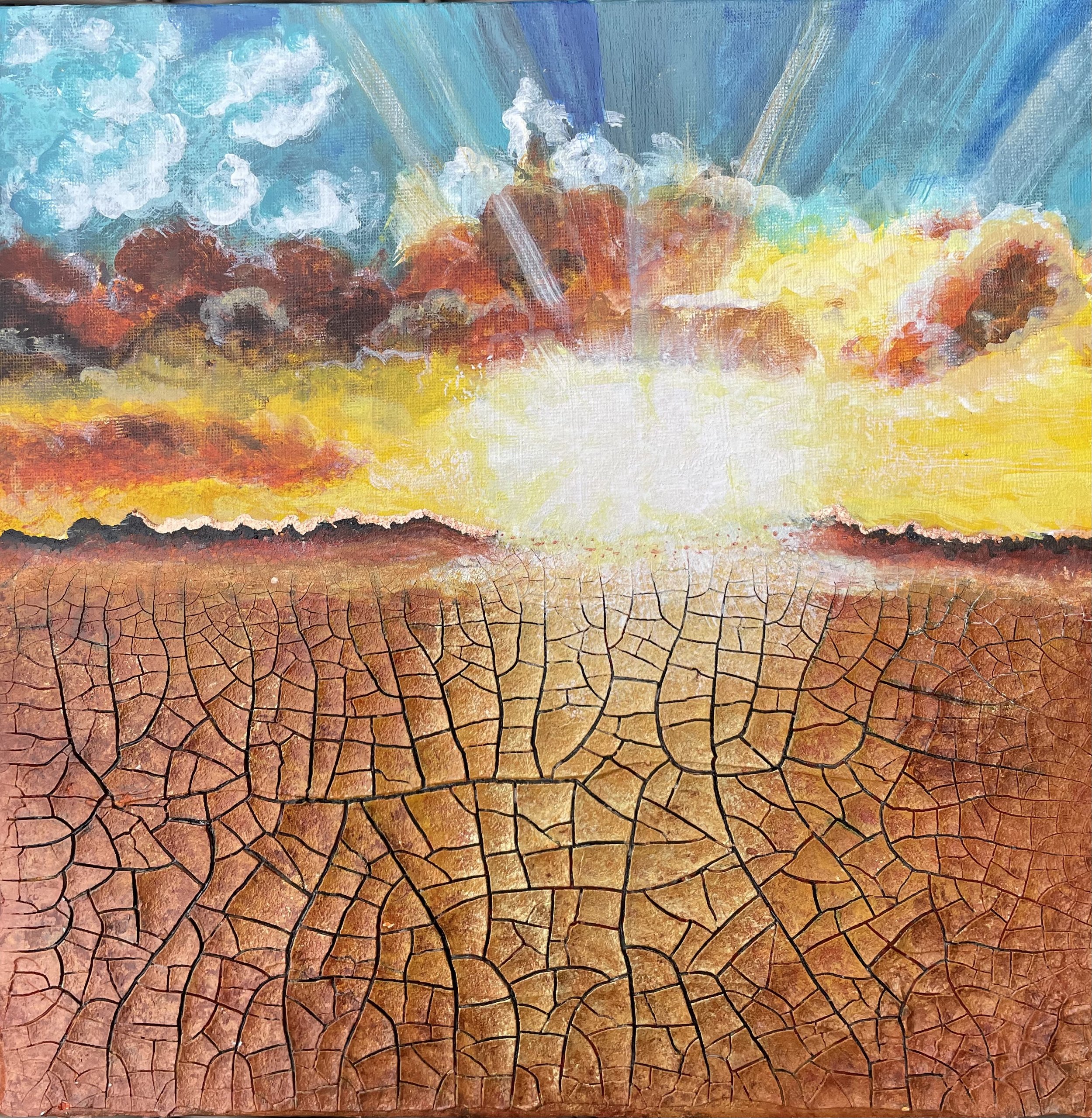 NAME: Global Warming DESCRIPTION: A powerful painting capturing the sun as it descends toward the horizon, casting a warm glow over the landscape. In the foreground, the earth is dry and deeply cracked, its fractured surface revealing the harsh reali