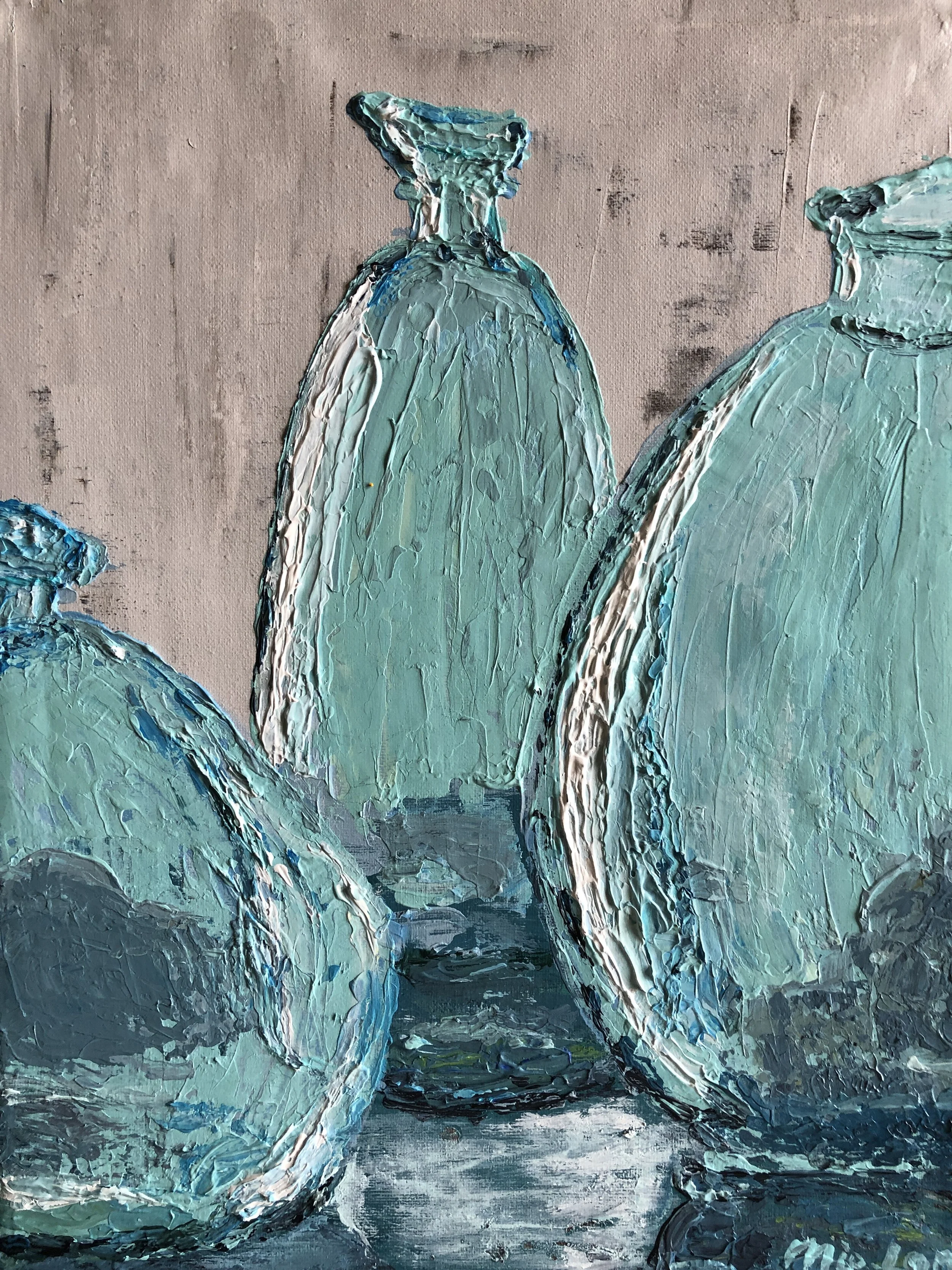 NAME: Green Glass
DESCRIPTION: Crafted with using a palette knife technique, this artwork exudes a sense of depth and dimension that draws you in from the moment you set eyes on it. Each swipe of the knife adds layers of texture and movement, resulti