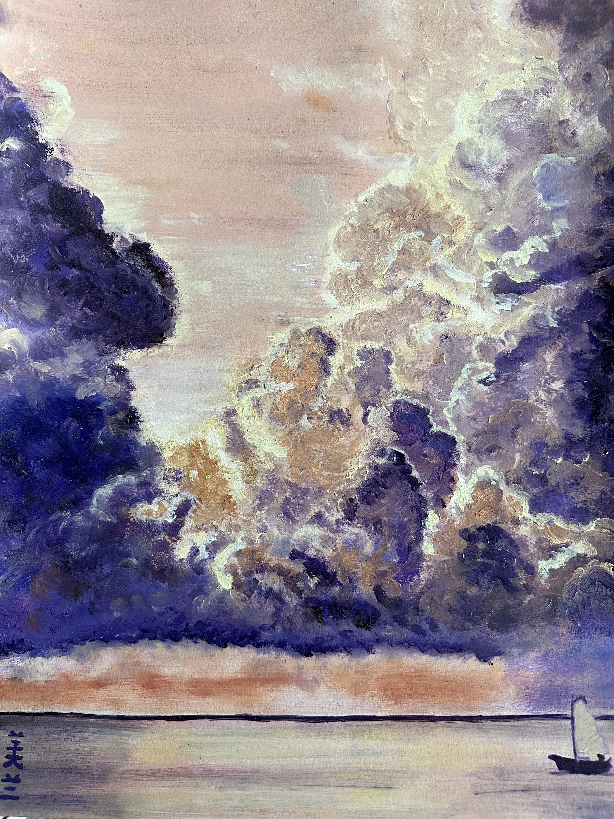 NAME: Purple Sky
DESCRIPTION: The striking purple sky in this painting adds a touch of magic and mystery to the scene, casting a spellbinding glow over the entire landscape. The vibrant hues of purple, blending with shades of pink, create a stunning 