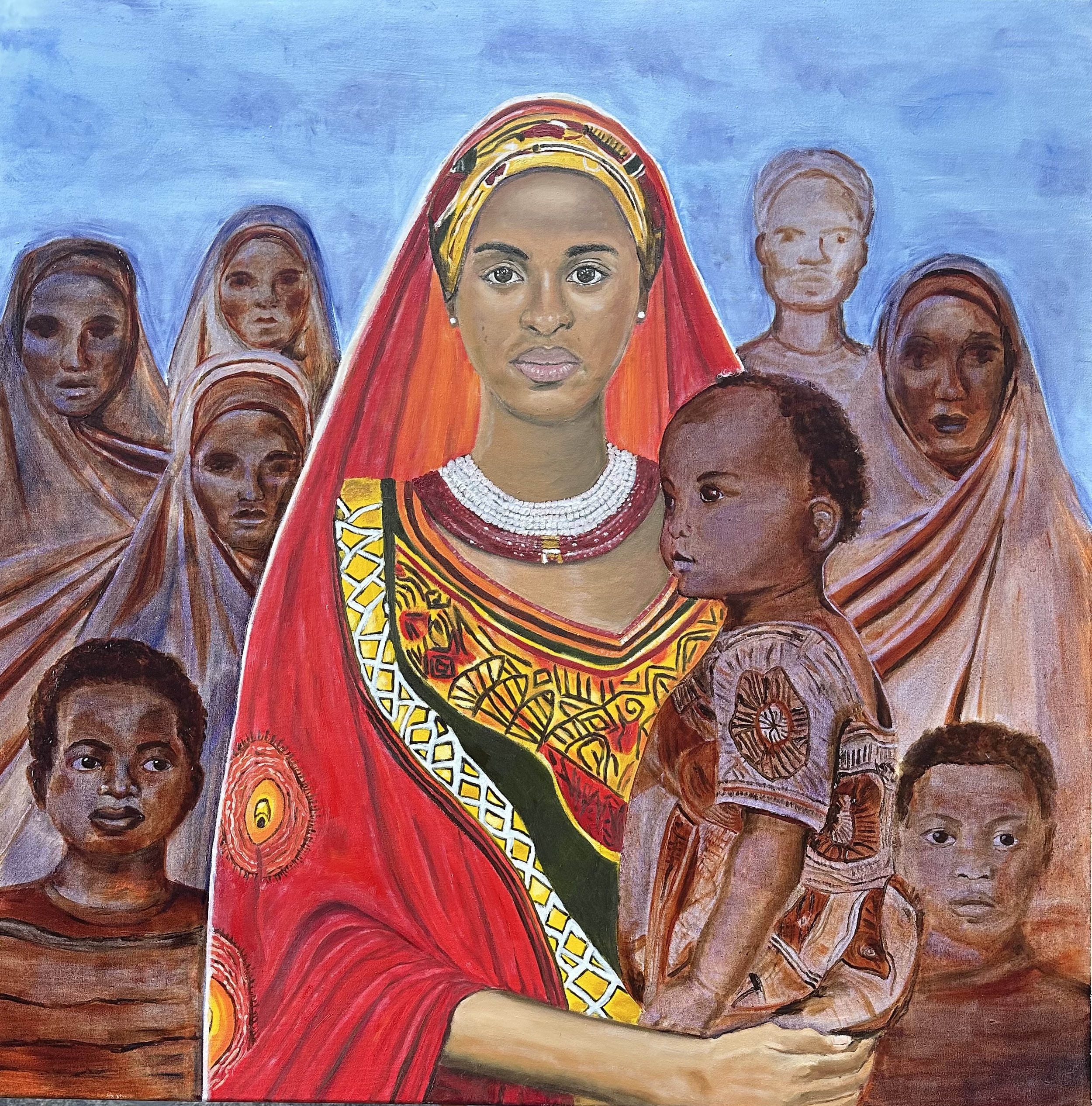 NAME: Hamdi
DESCRIPTION: The painting portrays a young Somali woman, Hamdi, her eyes heavy with sorrow and quiet longing. Married at 12, a mother at 14, she fled to the Netherlands to escape abuse in a culture far from woman-friendly. Her escape came