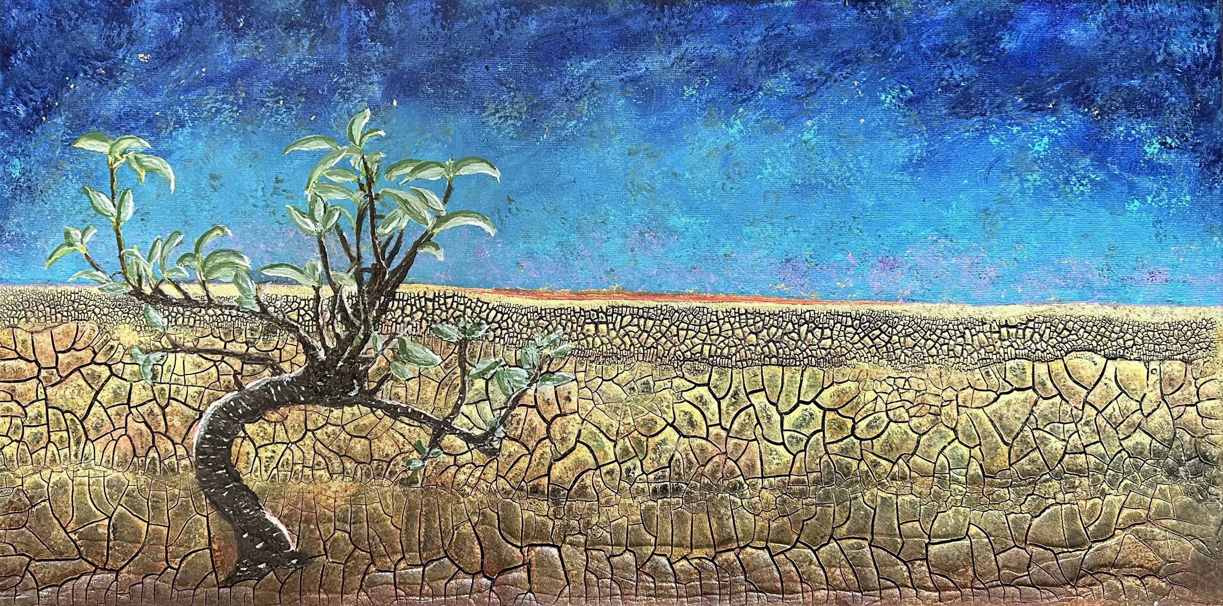 NAME: Starry Night DESCRIPTION: Illuminate the urgent message of climate change with this poignant painting depicting a desolate landscape, where only one tree stands as a silent witness to the devastating effects of environmental degradation. This p