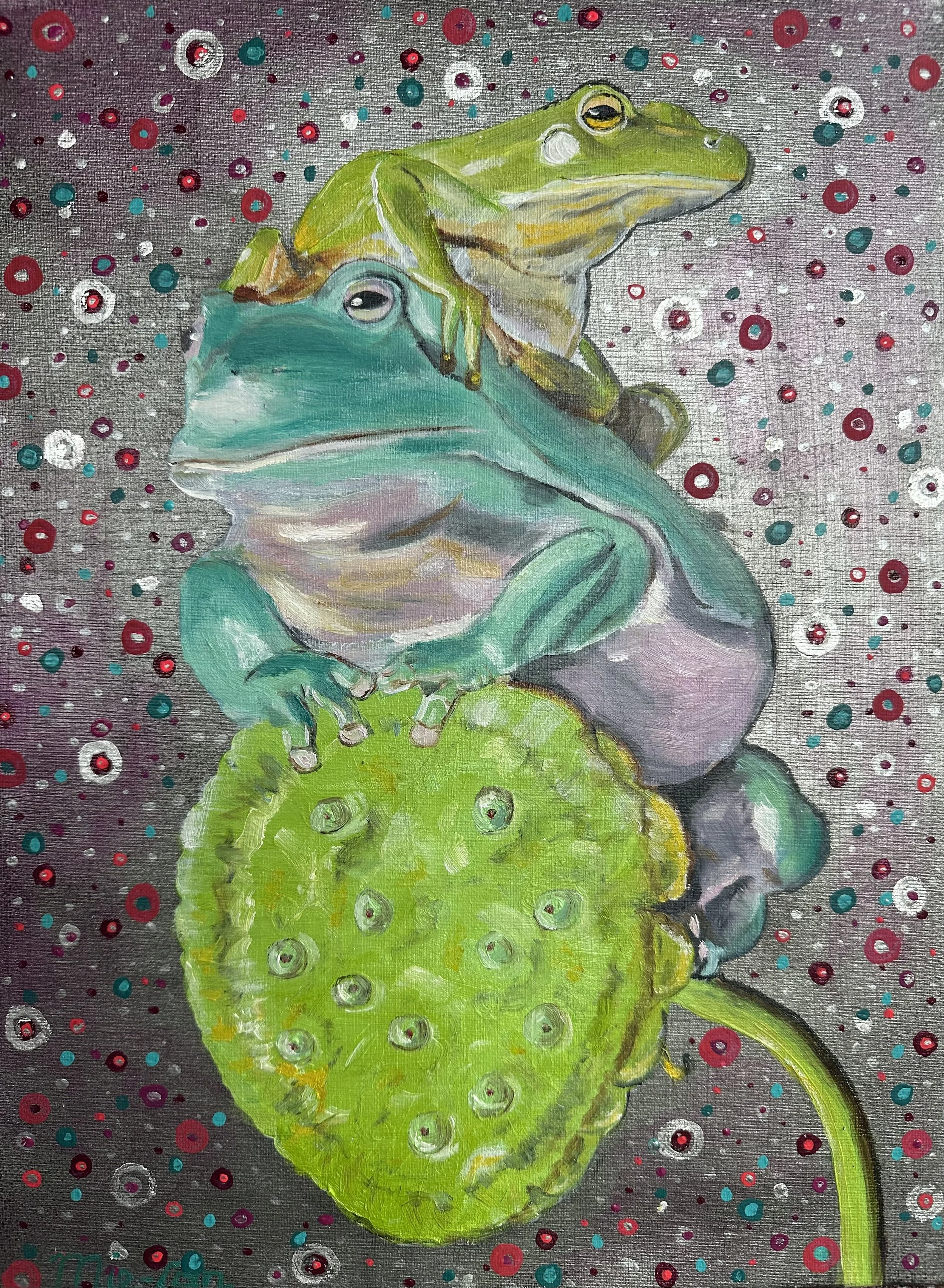 NAME: Frogs in Fantasy
DESCRIPTION: Two vibrant frogs rest atop a bright green lotus pod, set against a playful, dotted background. Their lively colours and their somewhat aarragogant poses create a whimsical scene filled with fun and character.
MATE