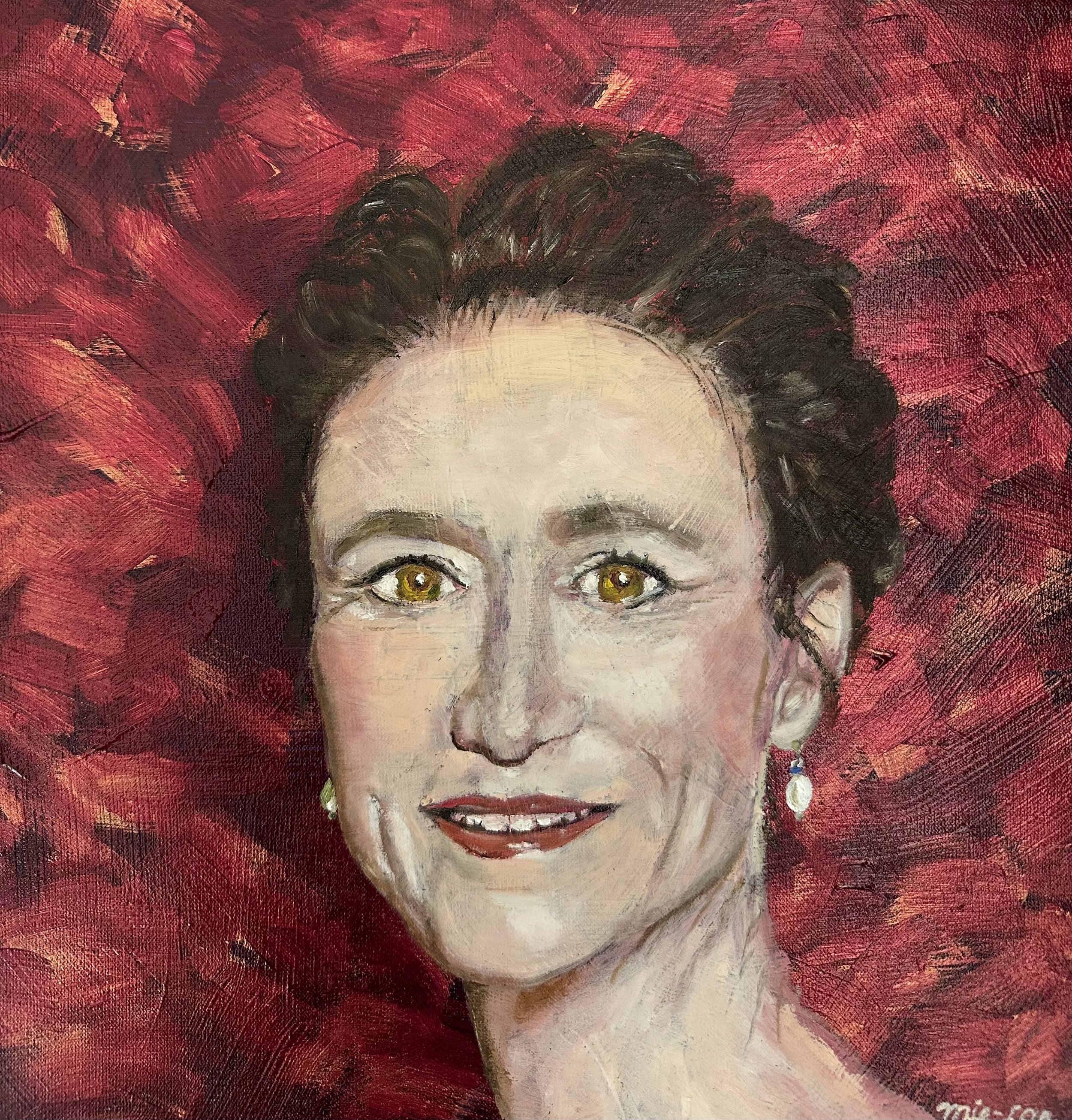 NAME: Self Portrait DESCRIPTION: This small painting marks my first self-portrait, when I was in my early fifties. With a direct gaze and a warm, open smile, I meet the viewer eye to eye, confident, present, and at ease. The portrait is based on a ph