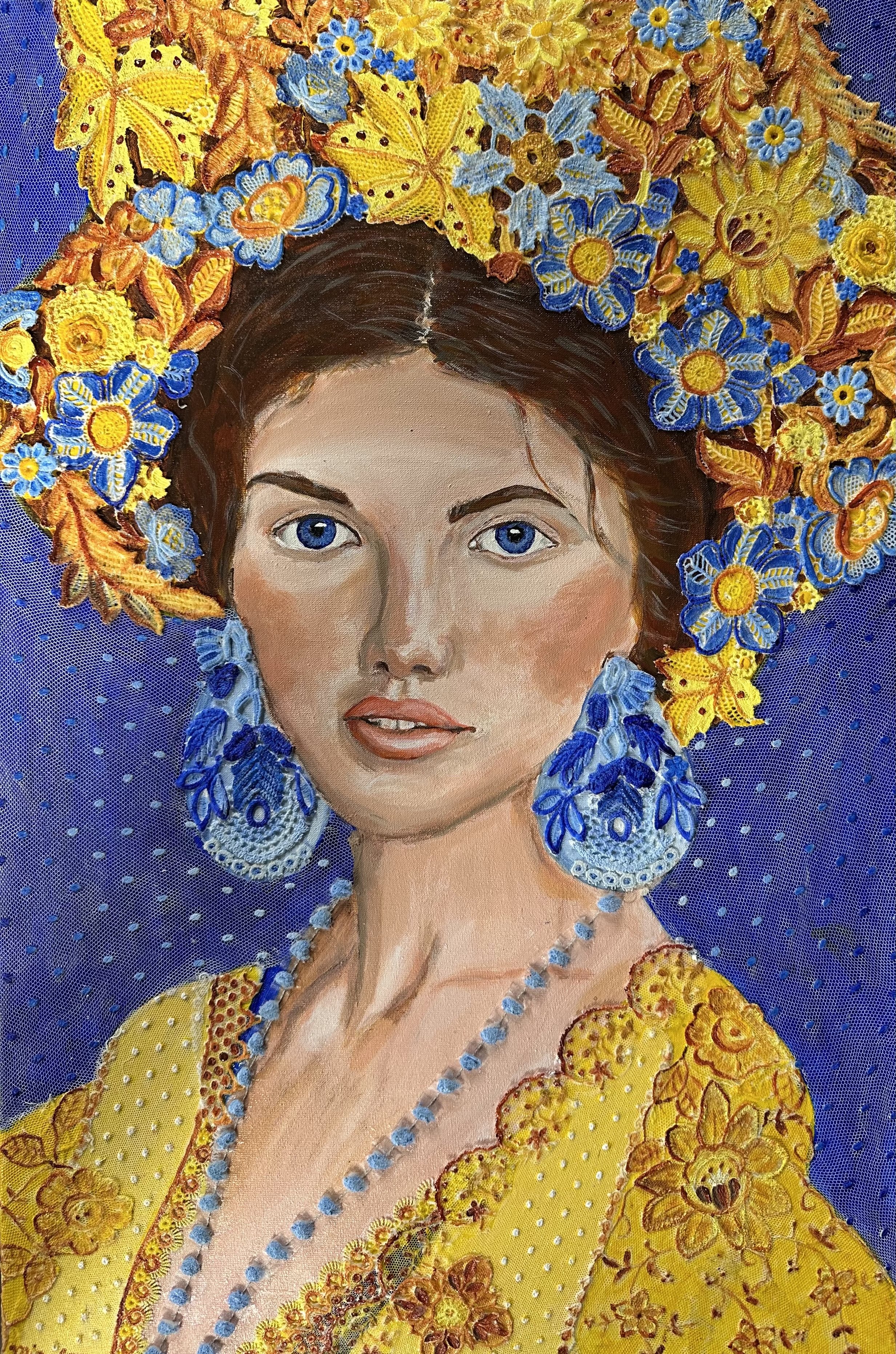 NAME: Svetlana DESCRIPTION: This mixed media painting is part of a series of three portraits depicting Ukrainian women wearing traditional flower crowns, a powerful symbol of national identity and resilience. Each portrait is rendered entirely in the