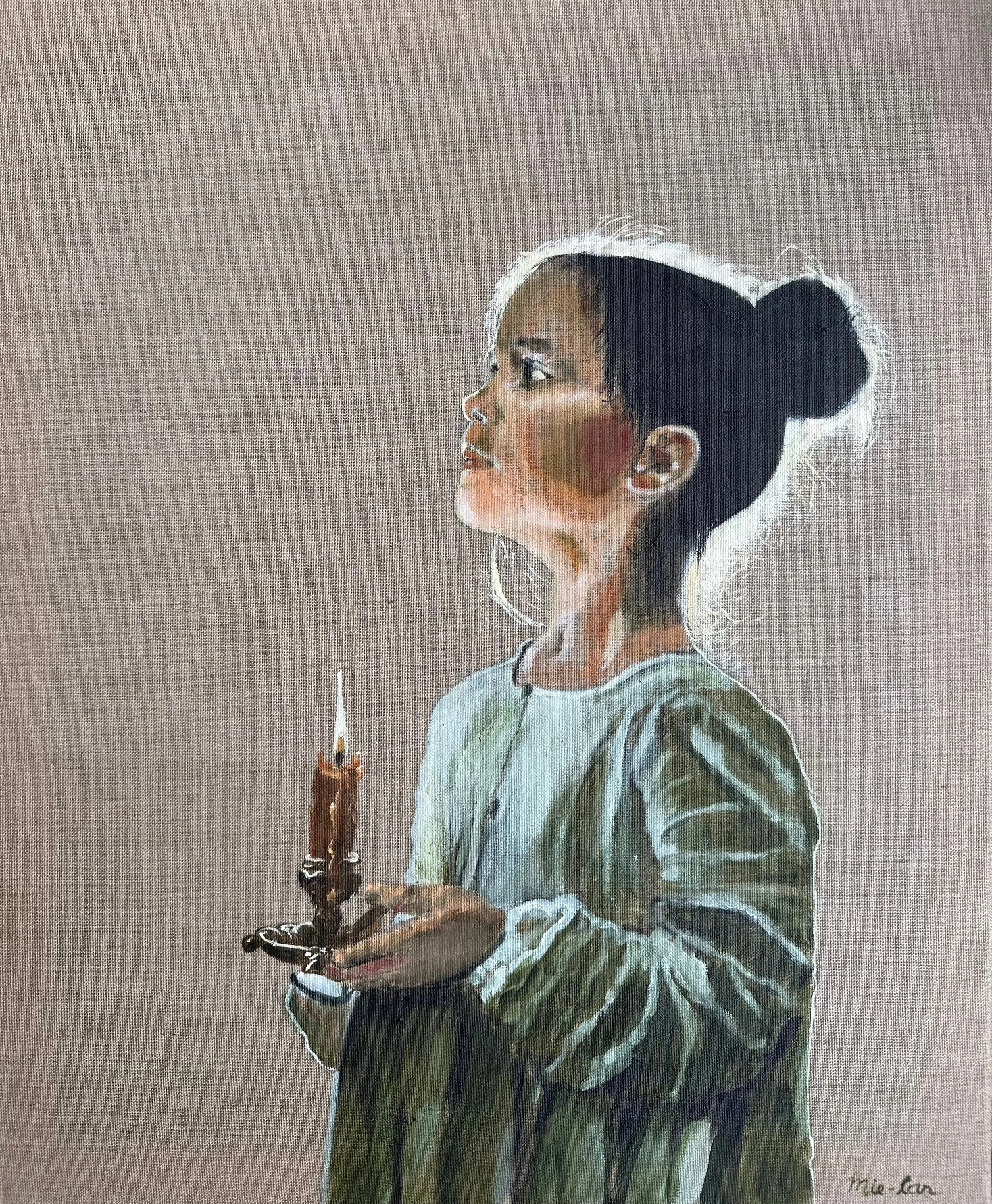 NAME: Girl with the candle DESCRIPTION: This painting features a young girl holding a candle, her face illuminated by its soft, warm glow. The light she carries is a symbol of hope, gently pushing back the darkness around her. Part of a series where 
