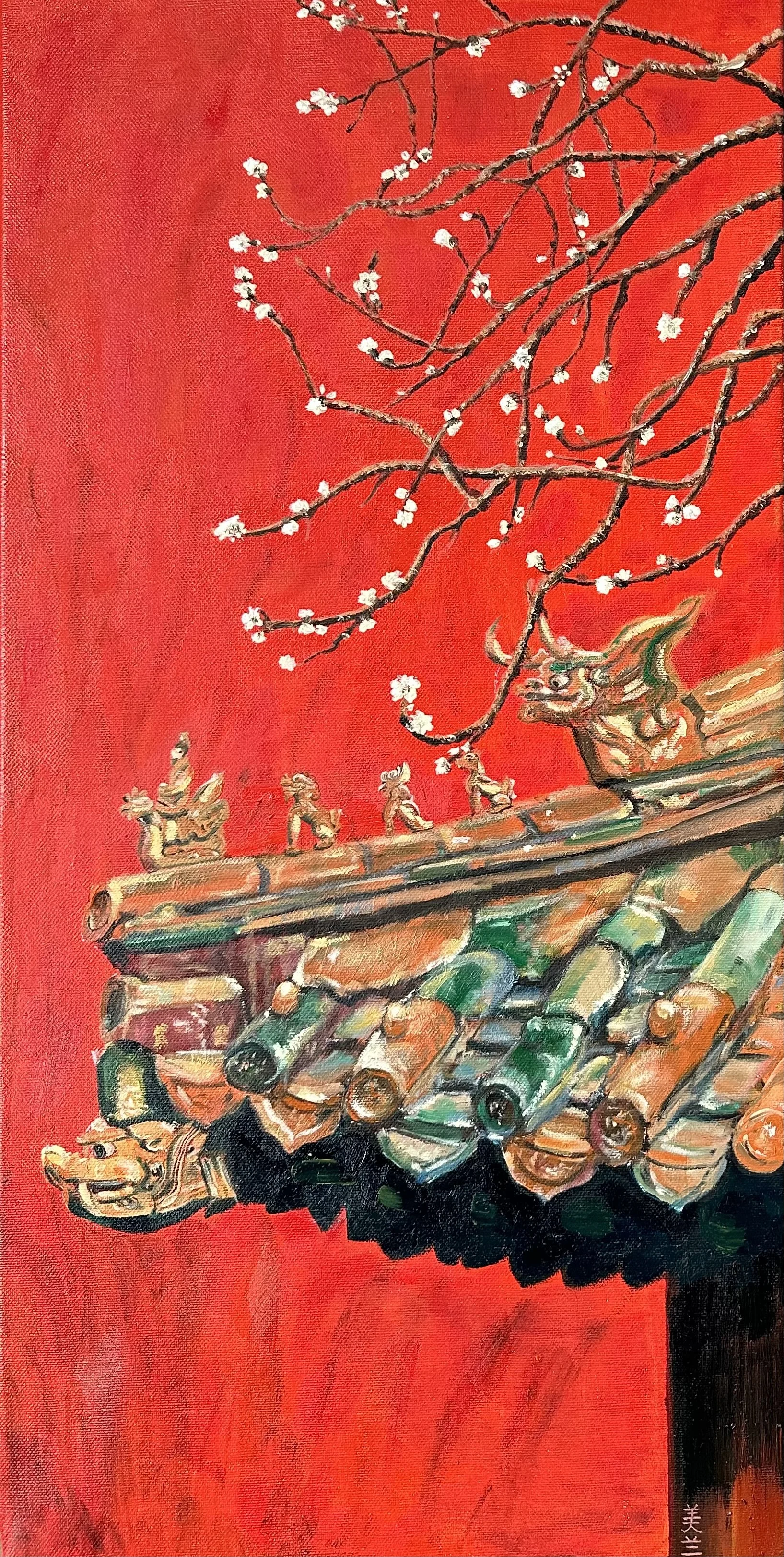 NAME: Guardians of Spring DESCRIPTION: This painting, part of the "Seasons in the Forbidden City" series, captures the elegance of a temple roof in spring, its vibrant tiles glowing under the soft seasonal light. The roof is adorned with intricate fi