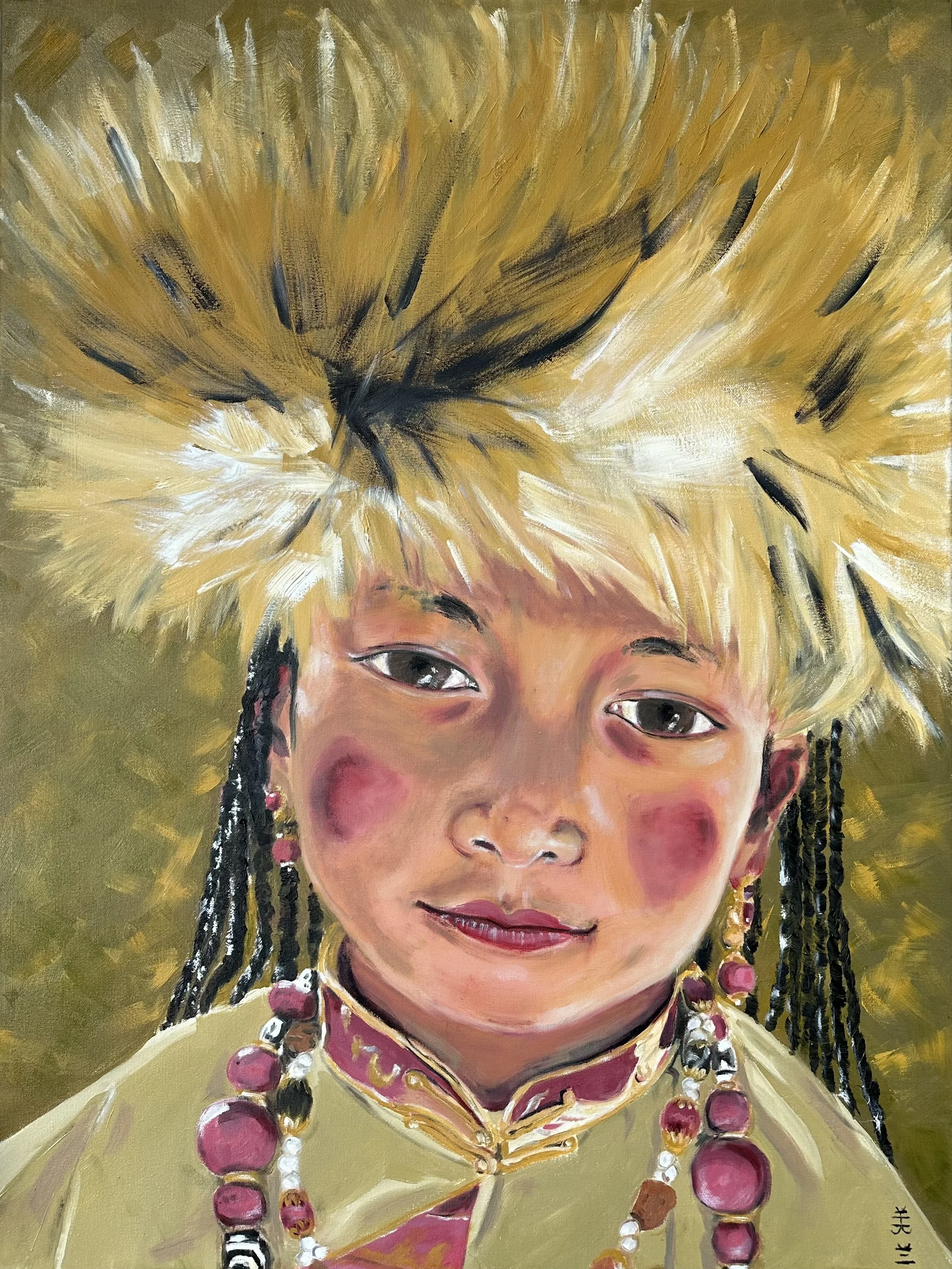 NAME: Tibetan Girl
DESCRIPTION: A young Tibetan girl wears a traditional fur hat, her serene expression reflecting a quiet strength. Using the Zorn palette, ochre, vermilion, black, and whiteI bring warmth and depth to her face, highlighting her deli