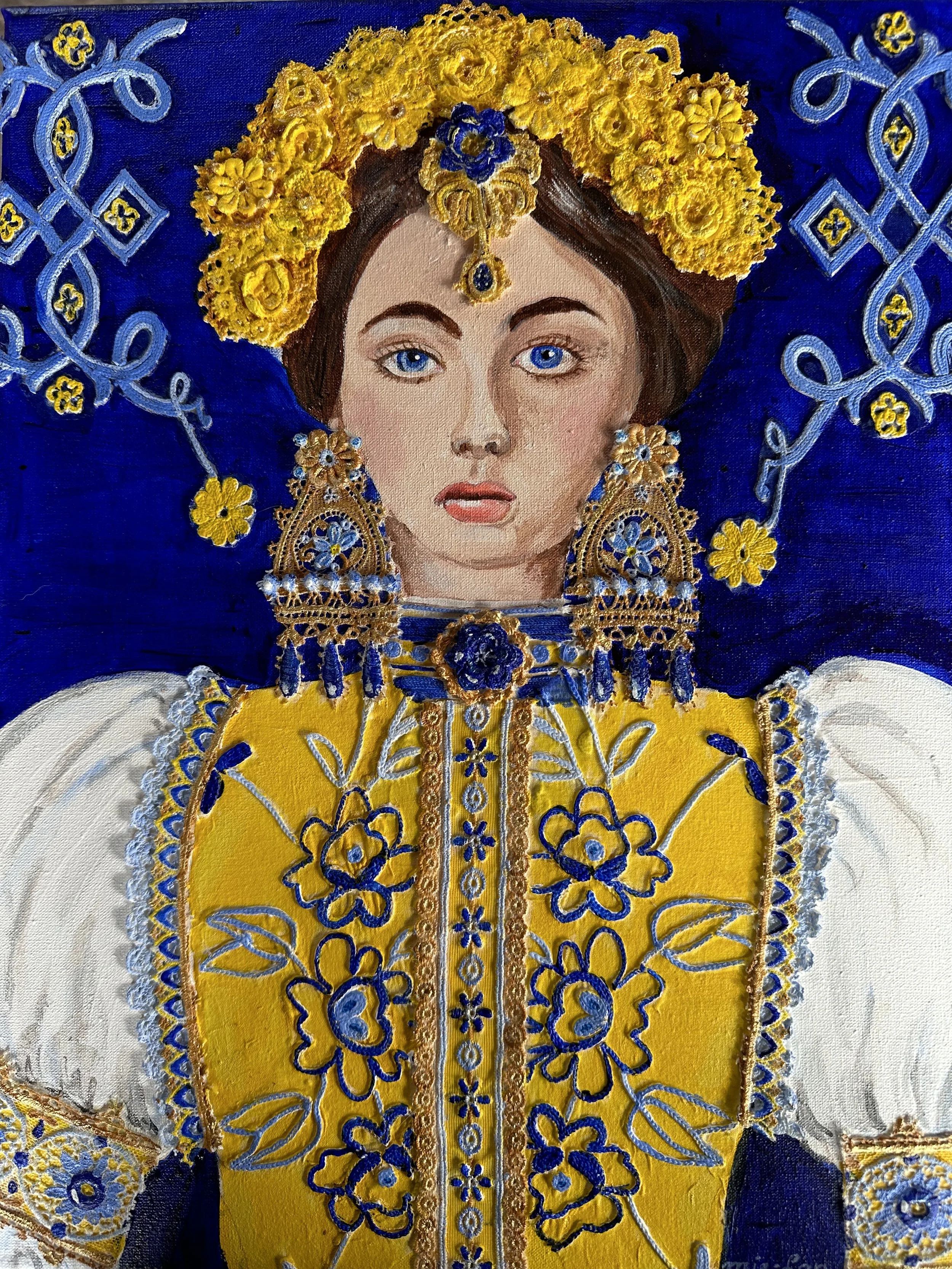 NAME: Iryna
DESCRIPTION: This powerful painting portrays a Ukrainian woman dressed in the national colors of blue and yellow, symbolizing strength, resilience, and hope. Her traditional attire, adorned with intricate patterns and a beautifully arrang