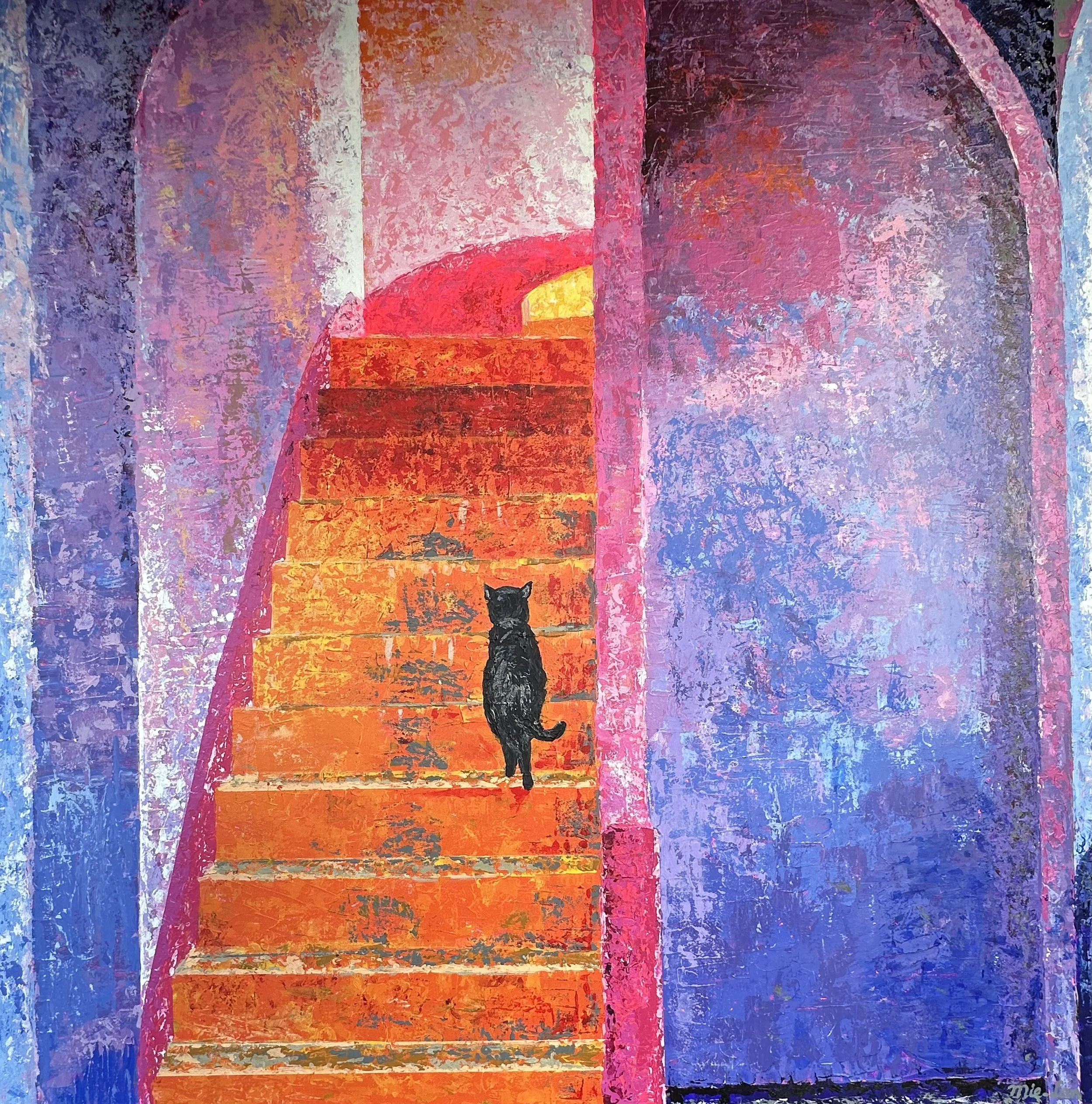 NAME: Climbing Cat
DESCRIPTION: The work shows a vivid orange staircase rising toward warm pink and yellow light. A black cat walks halfway up, adding a sense of curiosity where he goes. Surrounding arches in textured purples and blues create a magic