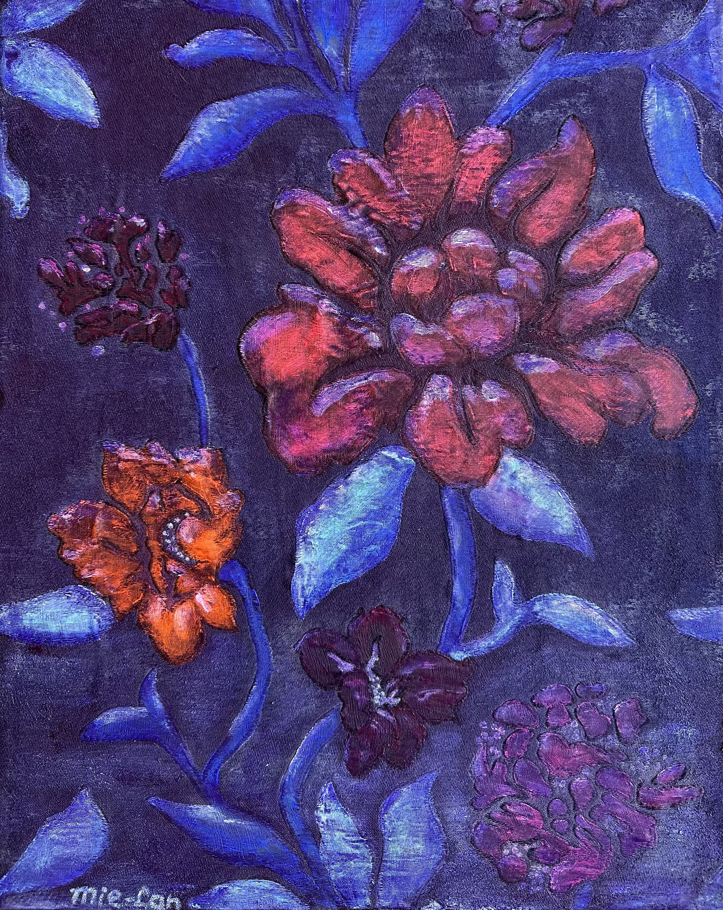 NAME: Nightfall Nature  DESCRIPTION: This painting depicts a variety of flowers emerging from a deep, dark purple background, evoking the quiet mystery of a nighttime garden. Soft touches of color on the petals suggest a gentle glow, as if illuminate