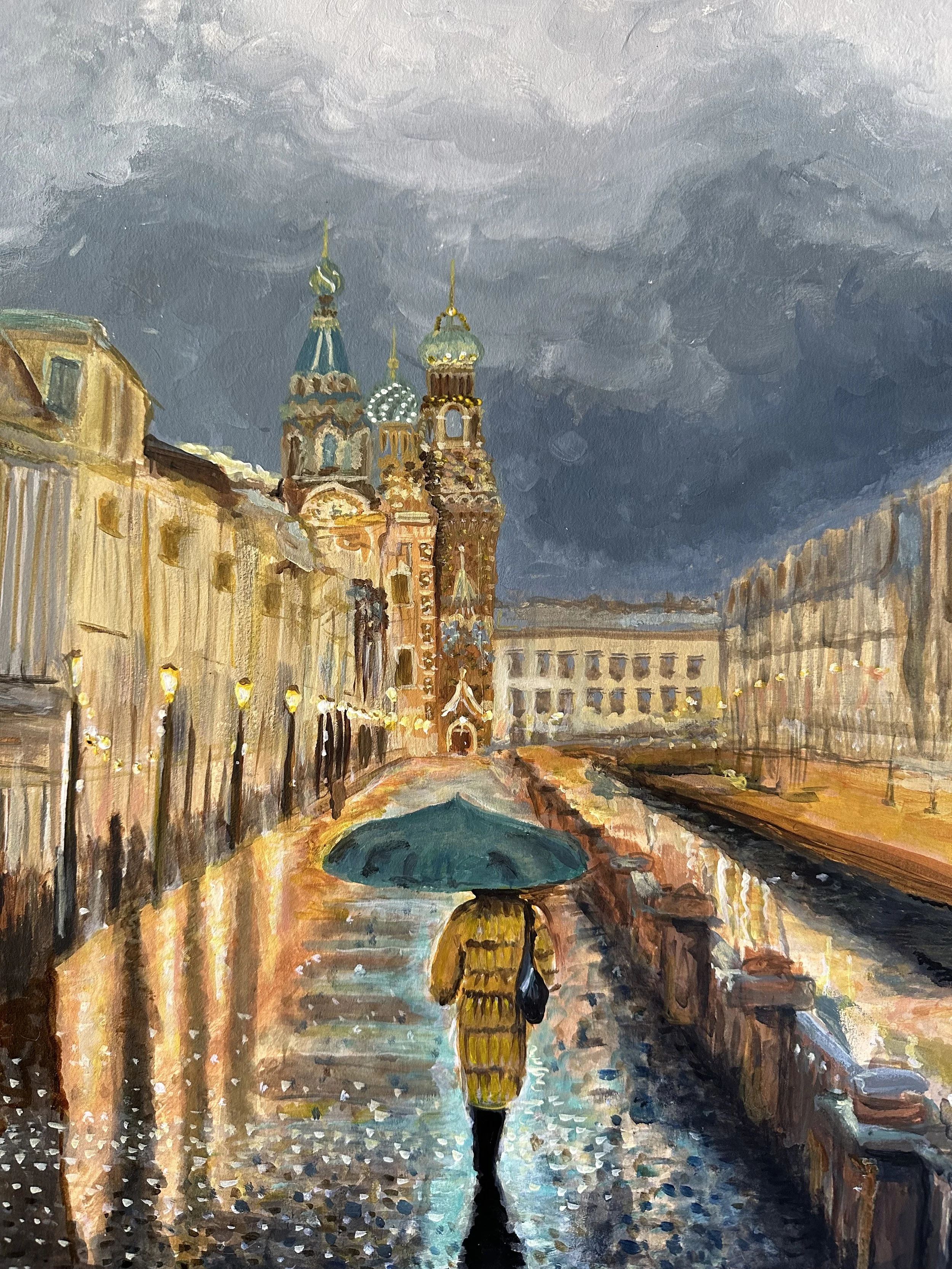 NAME: Saint Petersburg in the Rain
DESCRIPTION: This painting captures the timeless beauty of Saint Petersburg in the rain, with its elegant architecture and winding streets shimmering under a veil of rain. It takes me back to the time I visited this