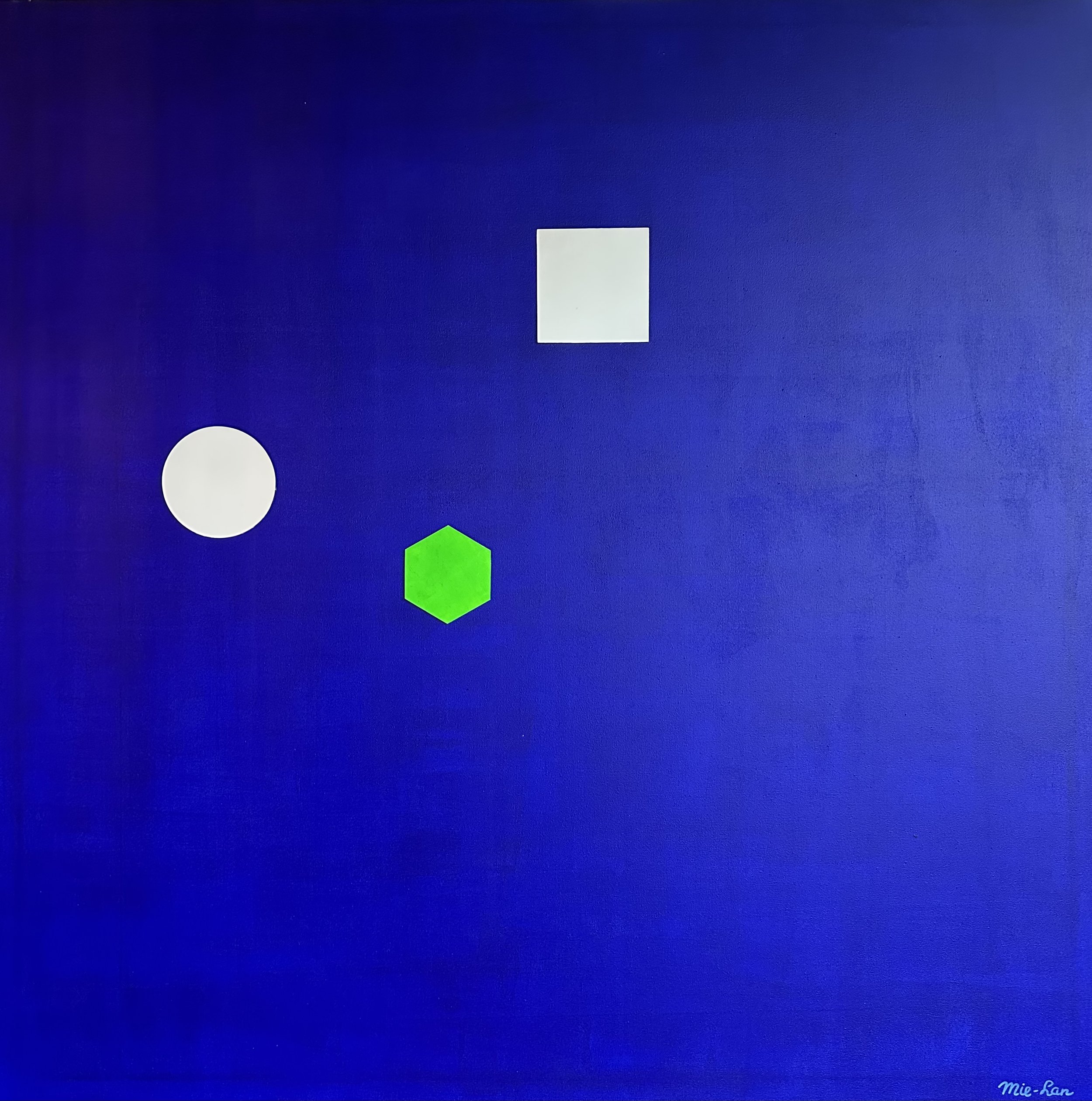 NAME: Paradise
DESCRIPTION: The painting features a large blue plane, symbolizing infinity and harmony. On this serene canvas, a white square and a white circle represent Adam and Eve in paradise. Their white color encompasses all colors, a universal