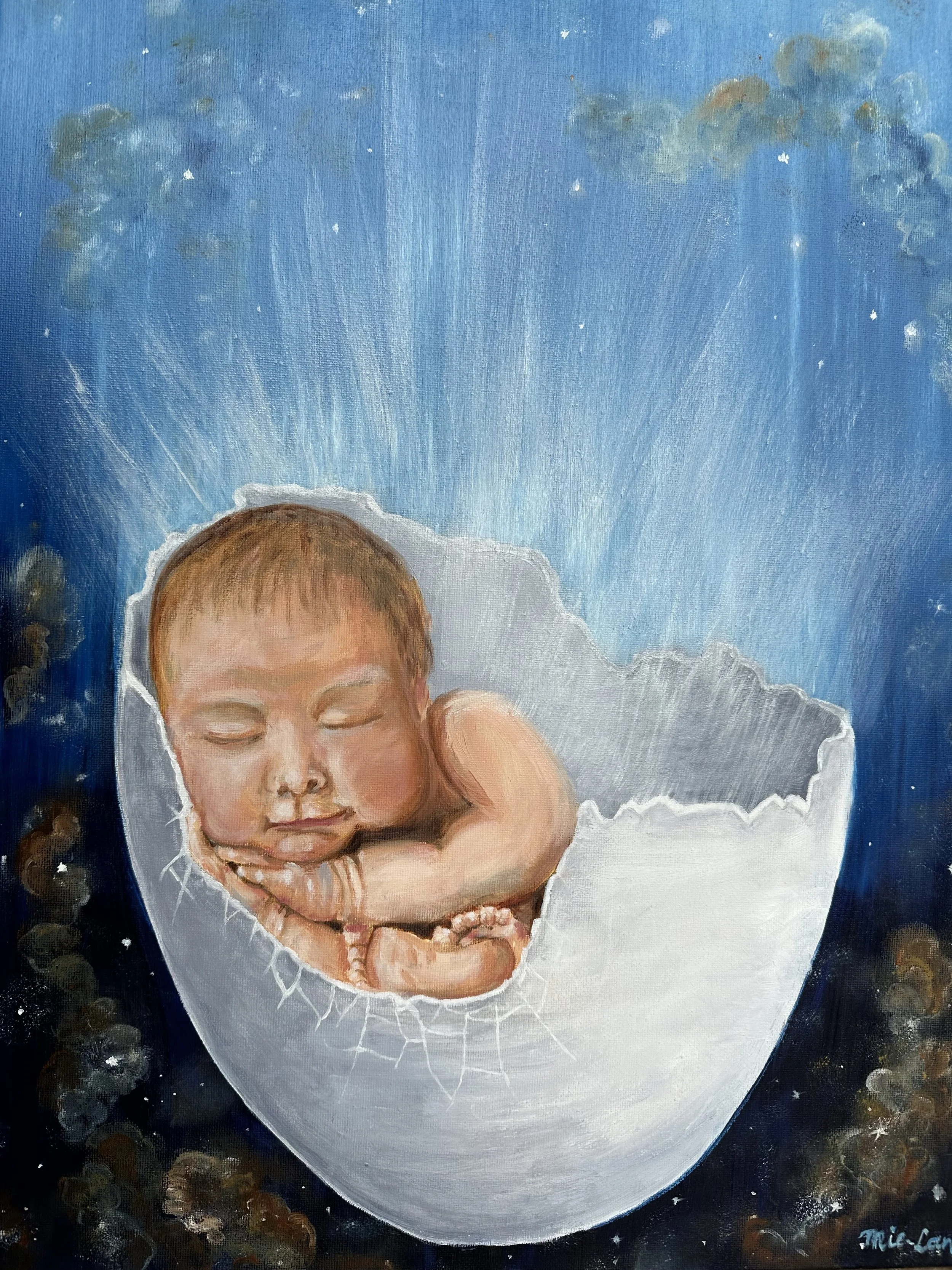 NAME: Phanes in Primordial Egg DESCRIPTION: Step into a realm of ancient myth and cosmic wonder with this evocative painting, Phanes in the Primordial Egg. Captured as an infant within the cosmic egg, Phanes, the primal god of creation, radiates a ce
