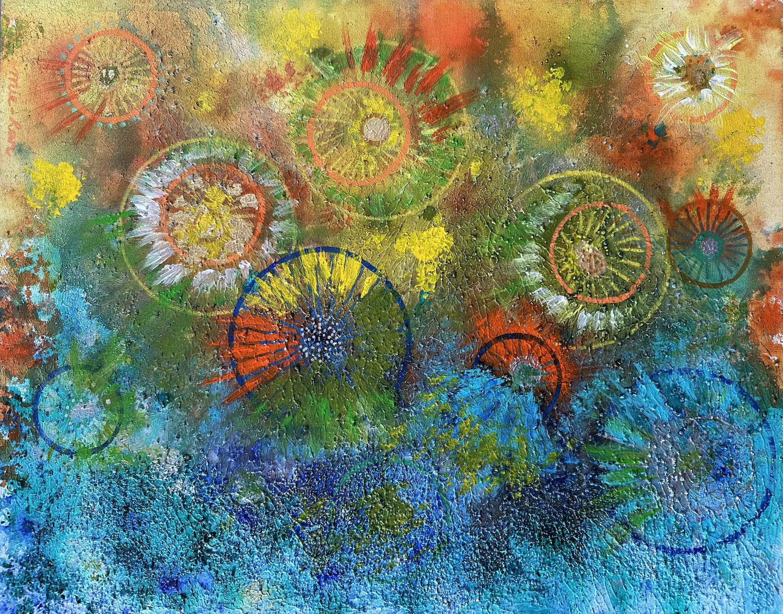 NAME:  Cosmic Cirles DESCRIPTION:  A vibrant burst of color and texture, this abstract piece evokes the energy of spinning cosmic forms rising from a deep, ocean-like blue. Layered pigments, playful patterns, and dynamic circular shapes create a sens