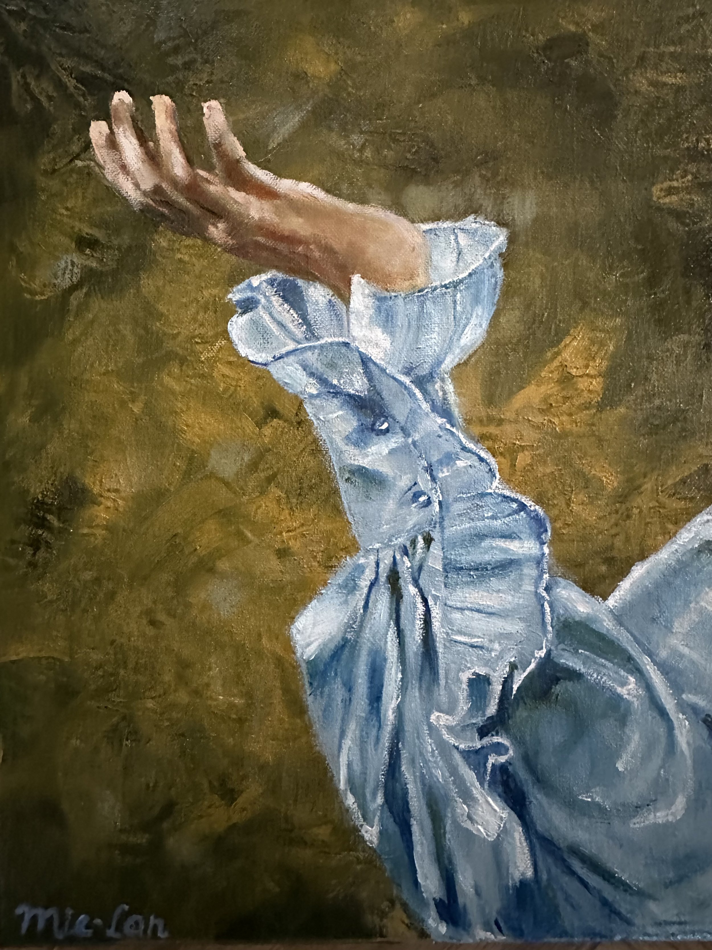 NAME: The Gesture
DESCRIPTION: This painting captures the essence of grace and poise in the subtle movement of the arm and hand, which are depicted with remarkable precision and fluidity. The elegant gesture evokes a sense of refinement and sophistic