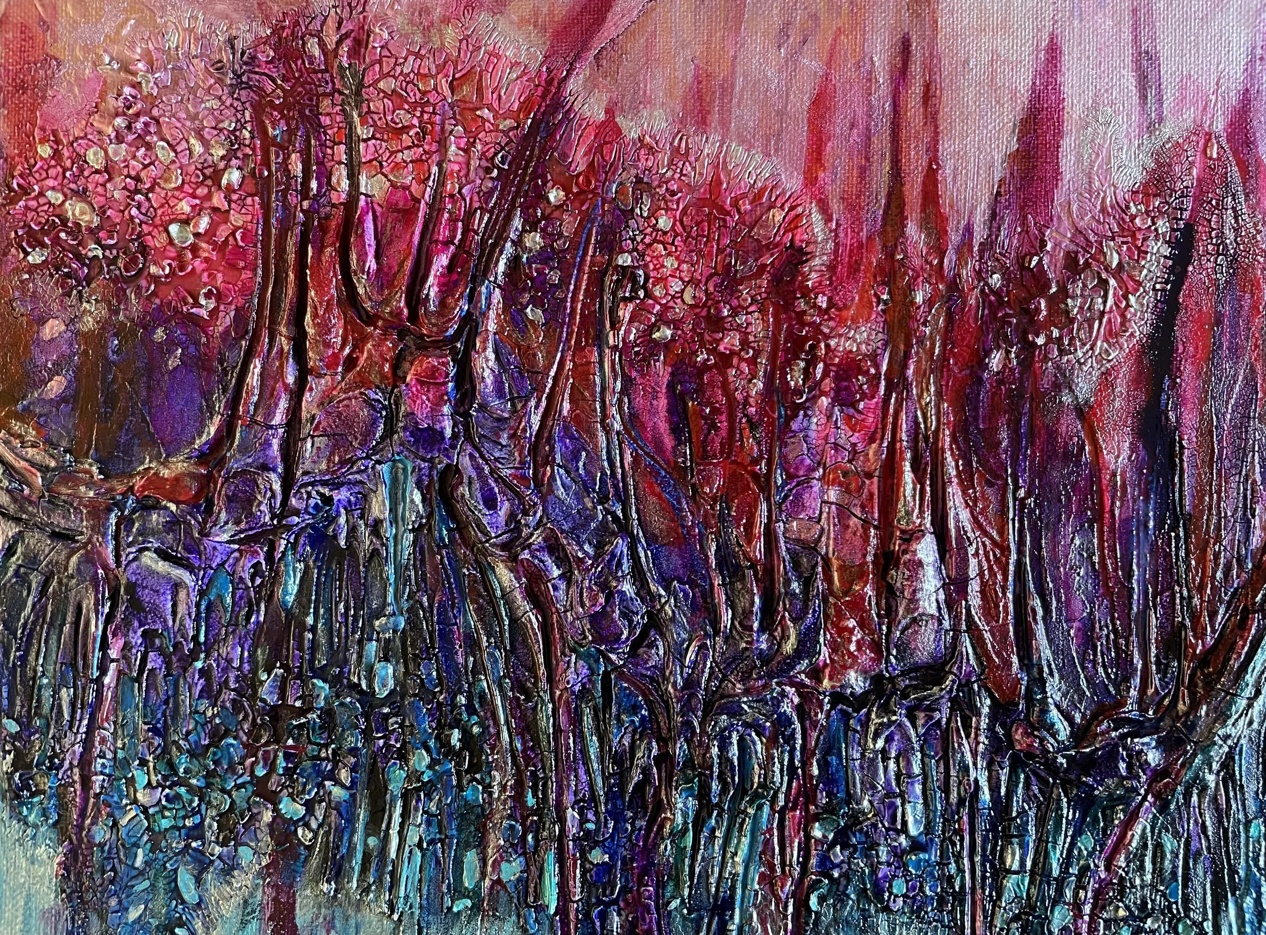 NAME: Metal Mystery
DESCRIPTION: Dive into a world of tactile delight as you explore the textured surface of the painting, where layers of paste give rise to intricate patterns and sculptural forms. The interplay of light and shadow across these text