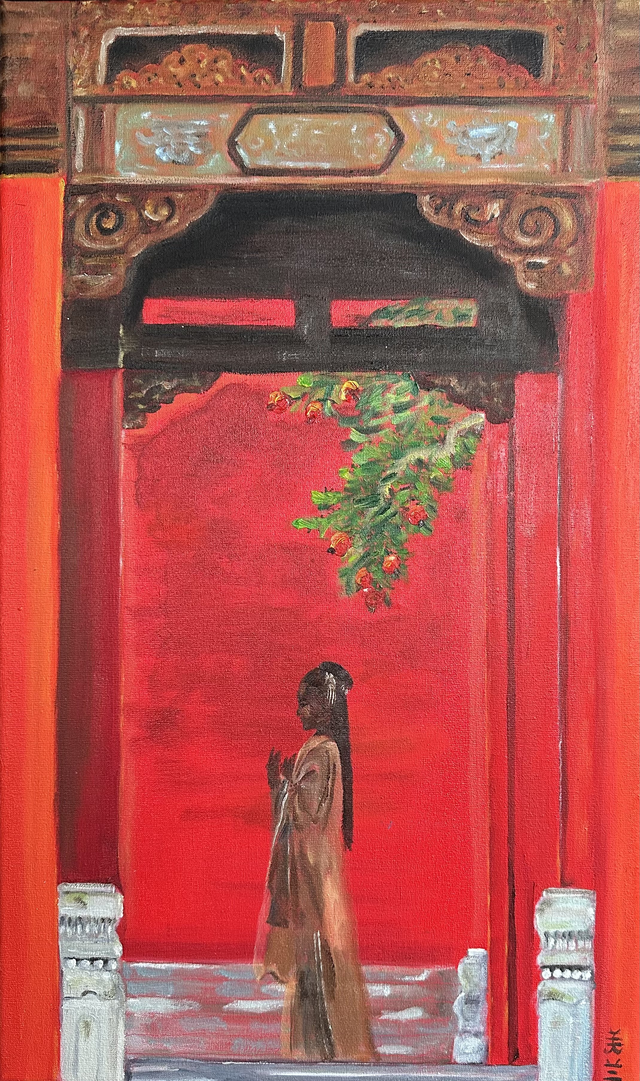 NAME: Through the Red Pillars
DESCRIPTION: This painting is part of a four-part series depicting the seasons in the Forbidden City in Beijing. It symbolizes summer and features a view through red pillars with intricate carvings, a classic element of 