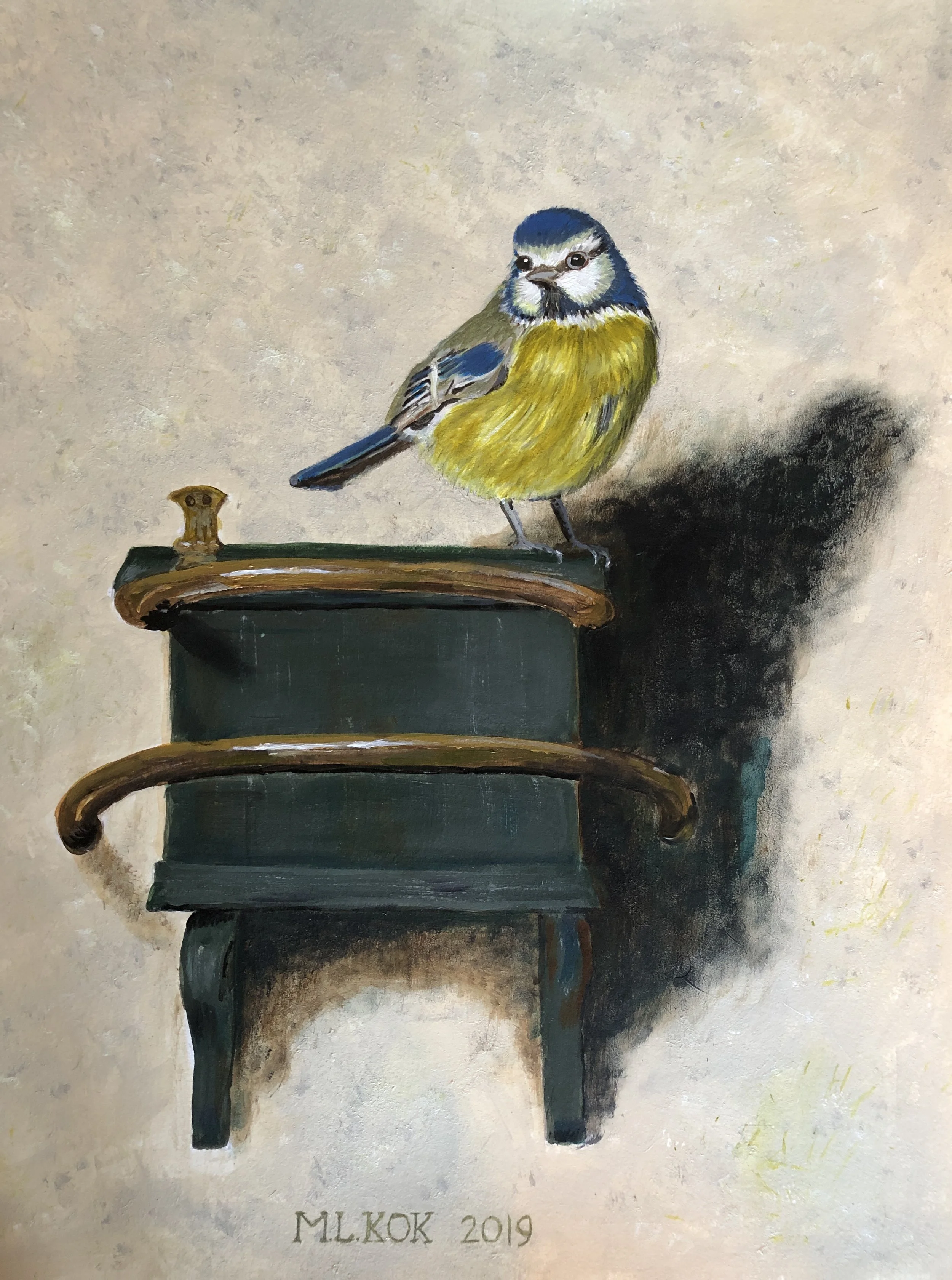 NAME: ‘t Pimpelmeesje DESCRIPTION: Inspired by the masterpiece "Het Puttertje" of Carel Fabritius, I painted my own unique interpretation. It is a testament to my reverence for art history and the enduring legacy of the Dutch Golden Age. The blue tit