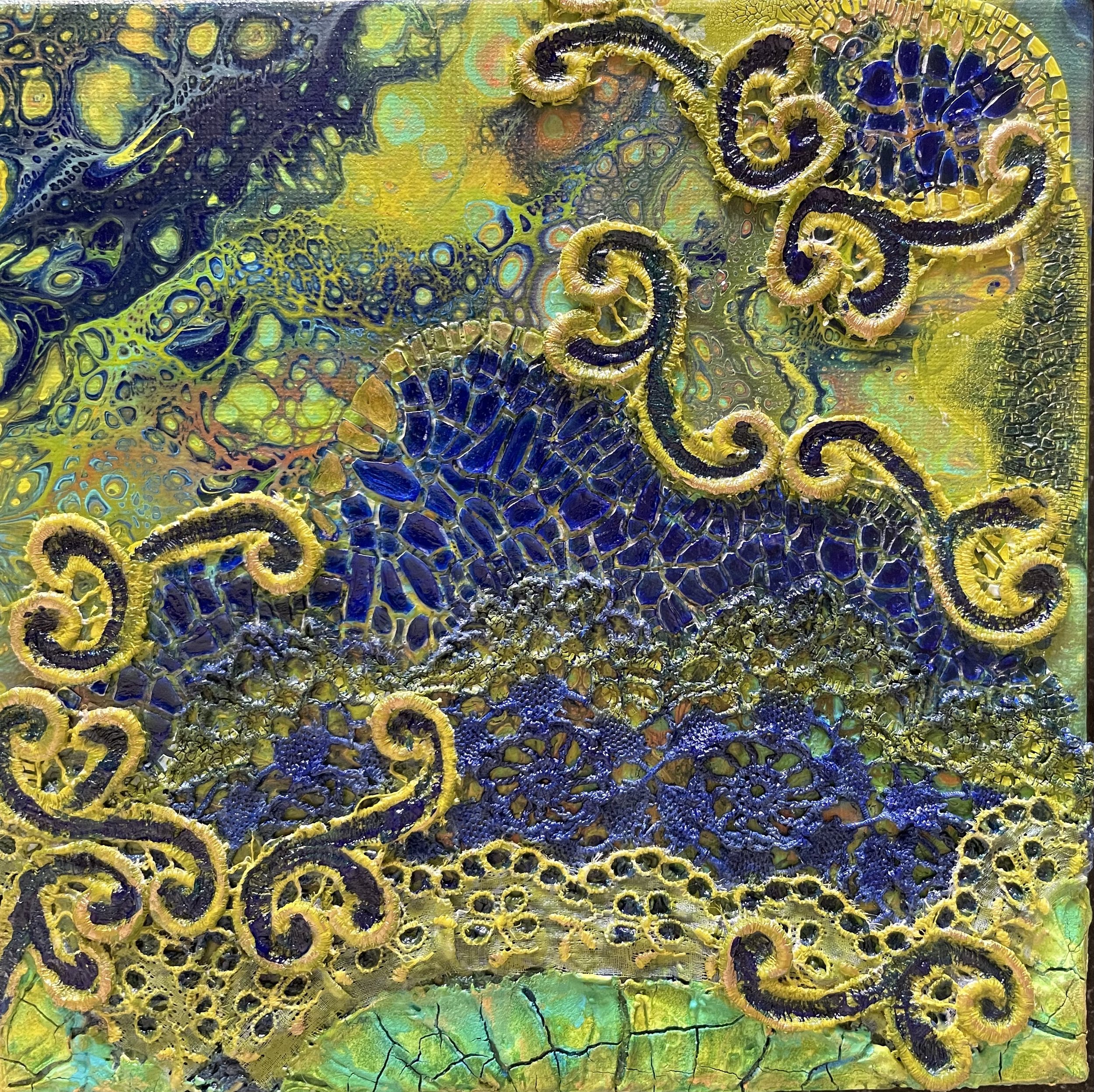 NAME: Wonderworld
DESCRIPTION: Dive into a mesmerizing world of aquatic charm and natural splendor with our enchanting painting, an experimental fusion of tranquil blue and verdant green hues adorned with delicate lace flowers. This artwork is a test