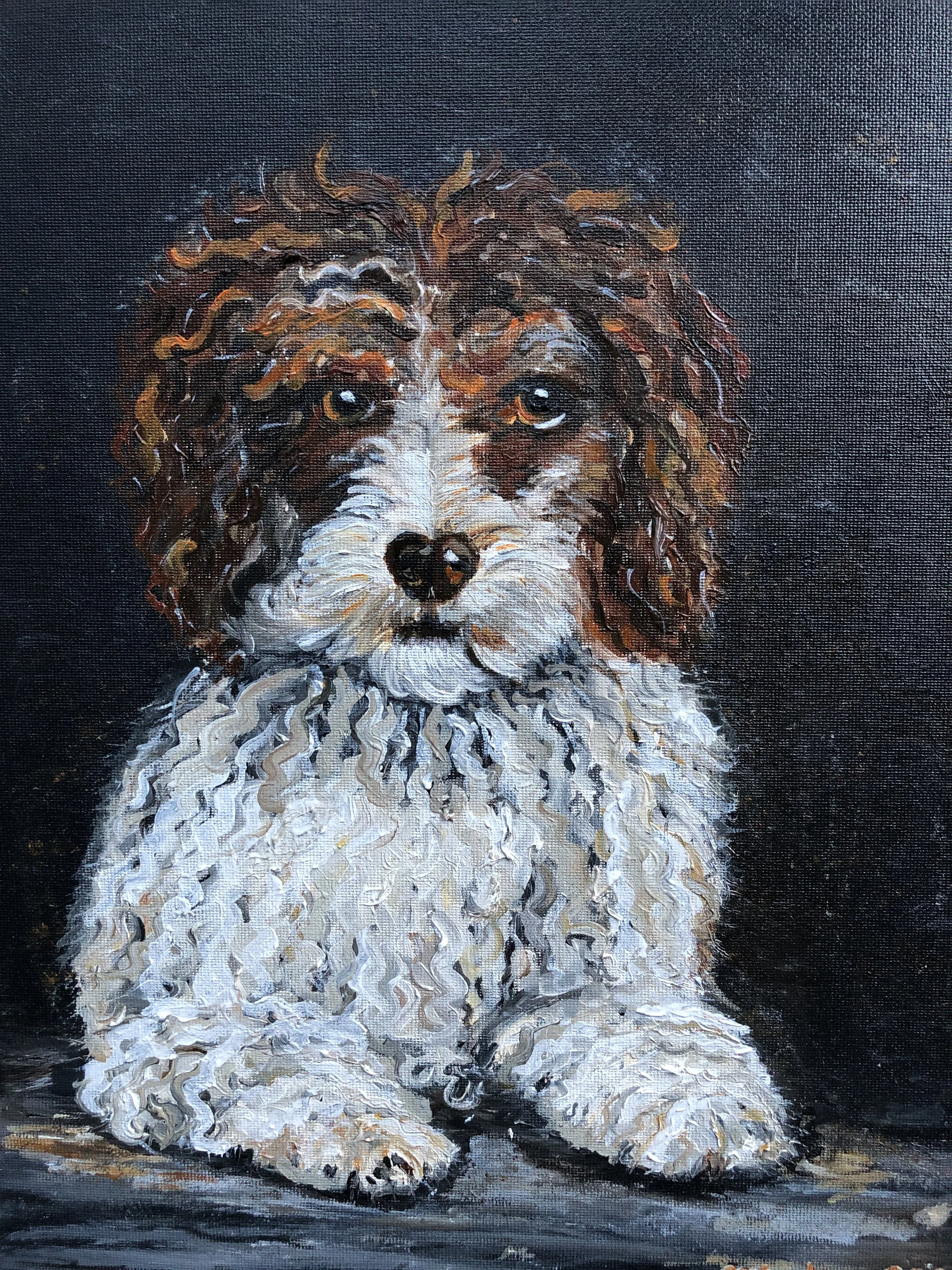 NAME: Schutter’s Hond
DESCRIPTION: Step into the rich tapestry of art history with this painting, inspired by a scene from one of Rembrandt's masterpieces in which a dog sits among gunmen. This beautiful tribute pays tribute to the timeless legacy of