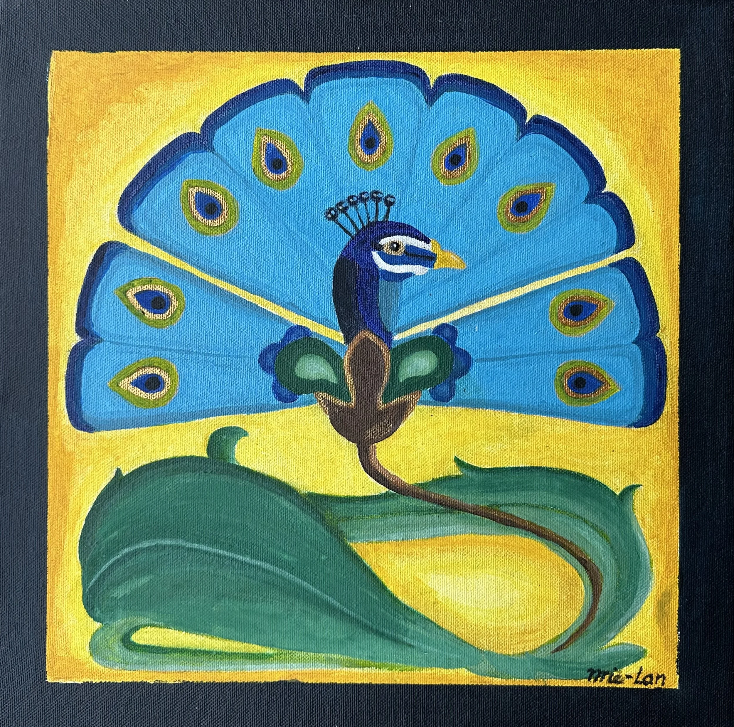 NAME: Peacock Tile DESCRIPTION: This painting evokes the look and feel of intricately patterned tiles found in Art Deco architecture and interior design. The peacock, with its iridescent plumage and graceful demeanor, has long been revered as a symbo