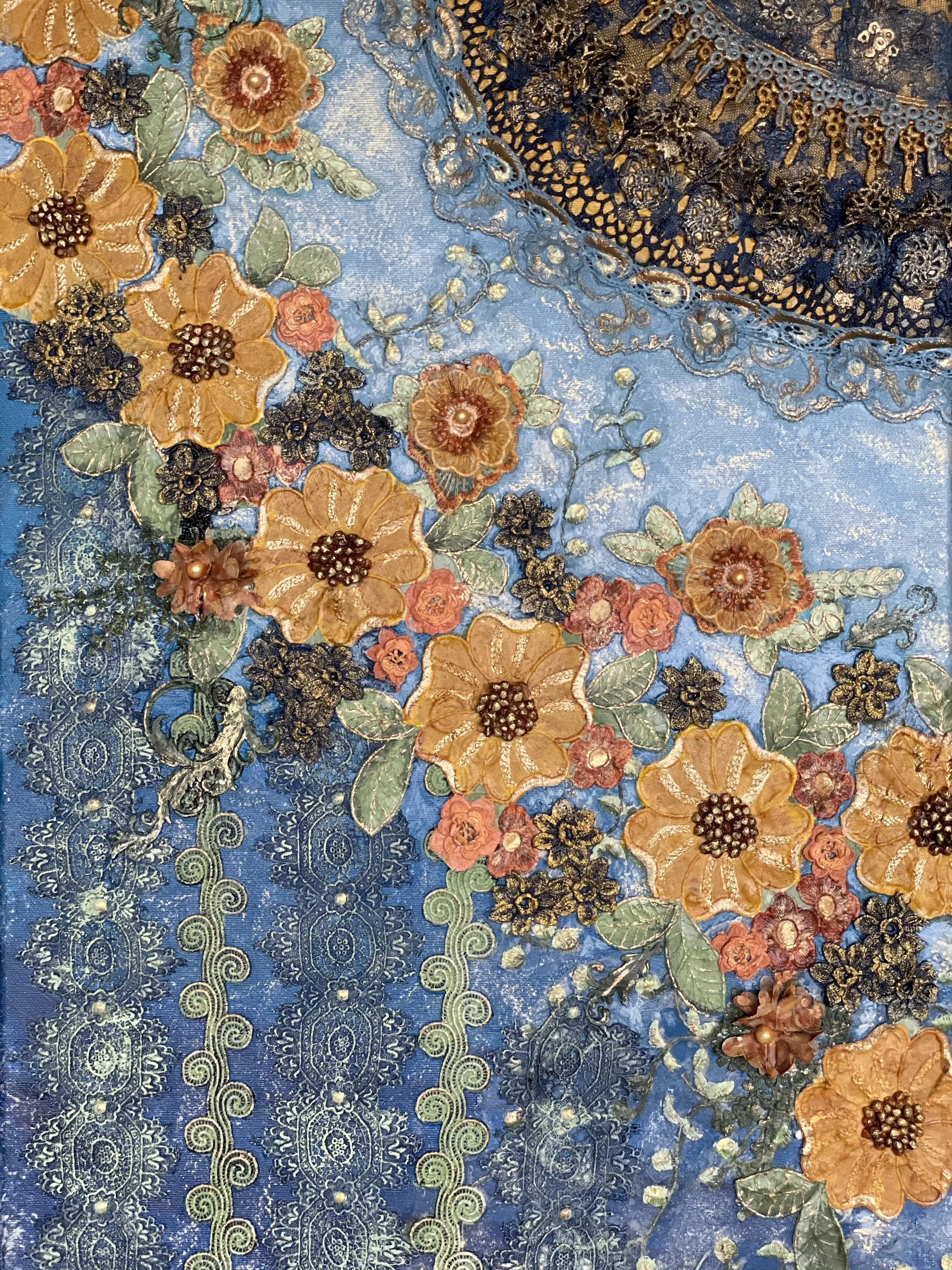 NAME: Raising
DESCRIPTION: With its innovative use of lace as a sculptural element, this painting offers viewers a multi-dimensional experience that goes beyond the flat surface of traditional artwork. The raising flowers of lace adds tactile depth t