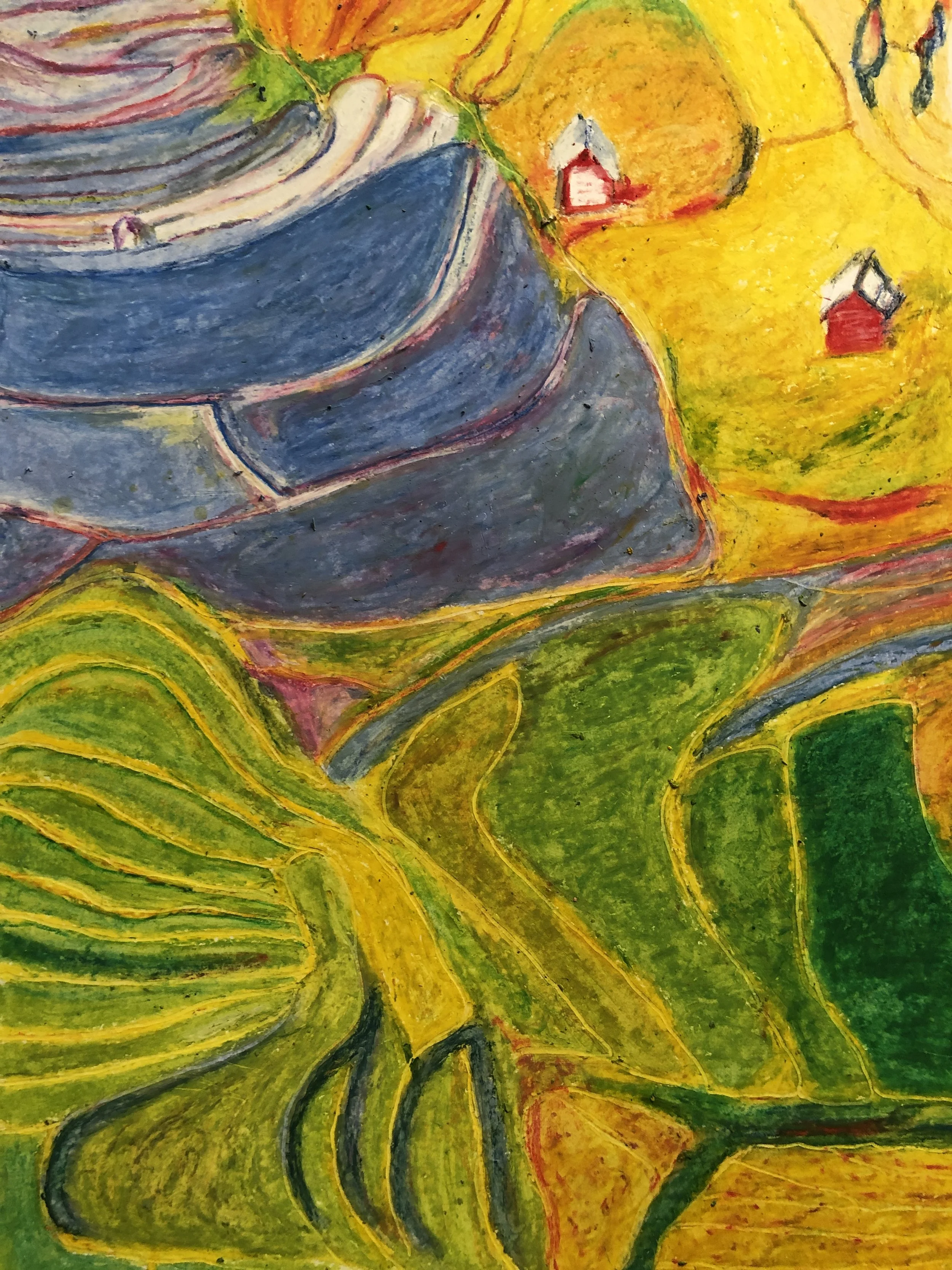 NAME: Colourful Fields
DESCRIPTION: The landscape comes alive with a riot of colors that dance across the paper. From lush greens and soft blues to vivid yellow and fiery reds, the spectrum of hues creates a visual symphony that delights the senses a