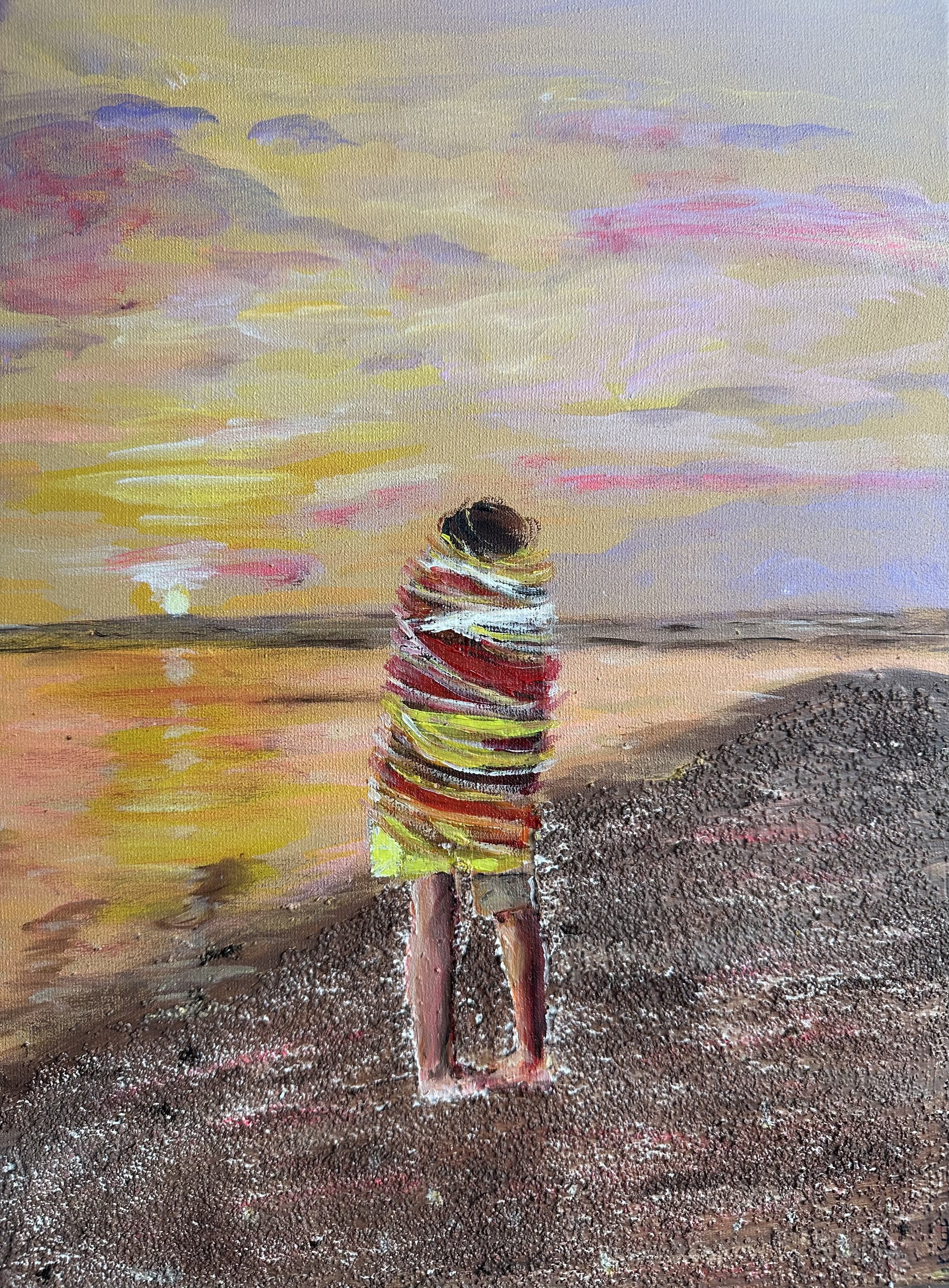 NAME: Tide and Tenderness
DESCRIPTION: Bathed in the warm glow of a fading sun, a couple stands wrapped together in a single towel, their silhouettes softened by the shoreline breeze. The scene captures a quiet moment of warmth, intimacy and connecti