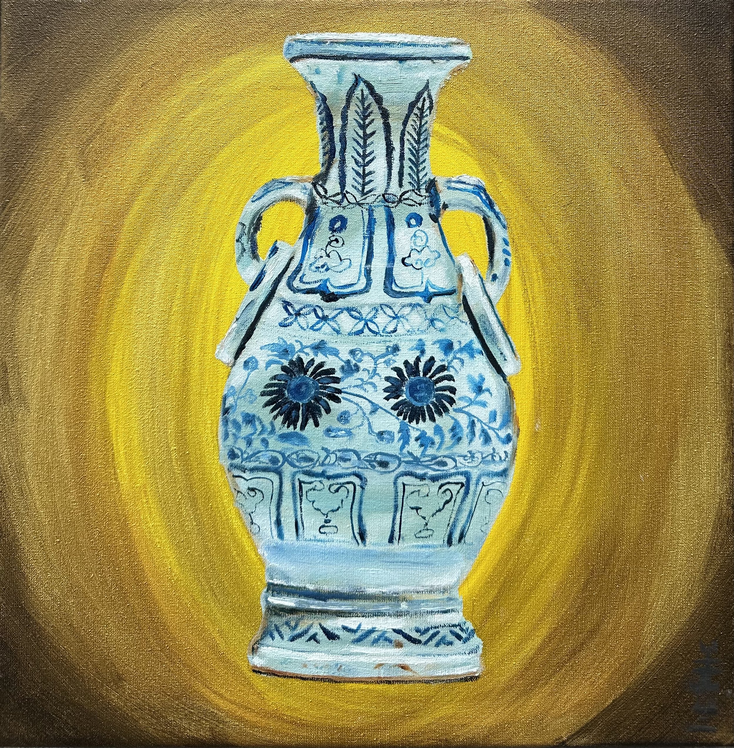 NAME: Marco Polo's Vase
DESCRIPTION: This painting depicts a Chinese ceramic vase dating back to the era of Marco Polo. Its elegant form and refined craftsmanship reflect the rich tradition of Chinese porcelain, which fascinated travelers and traders