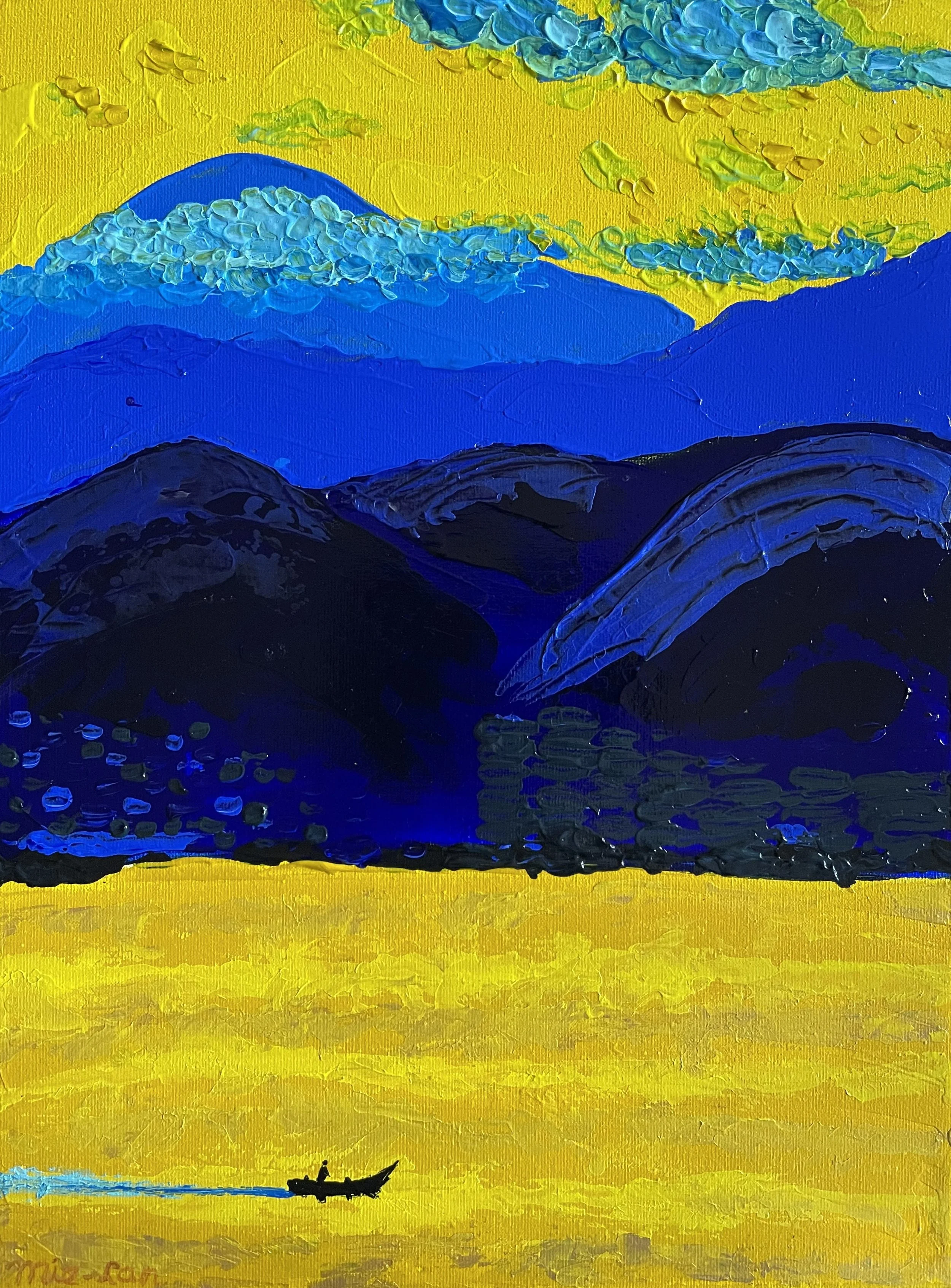 NAME: Yellow and Blue
DESCRIPTION: This painting captures the mesmerizing beauty of a yellow sea and sky illuminated by the golden light of the sun. The warm hues of yellow evoke a sense of warmth and tranquility, while the vast expanse of the sea st