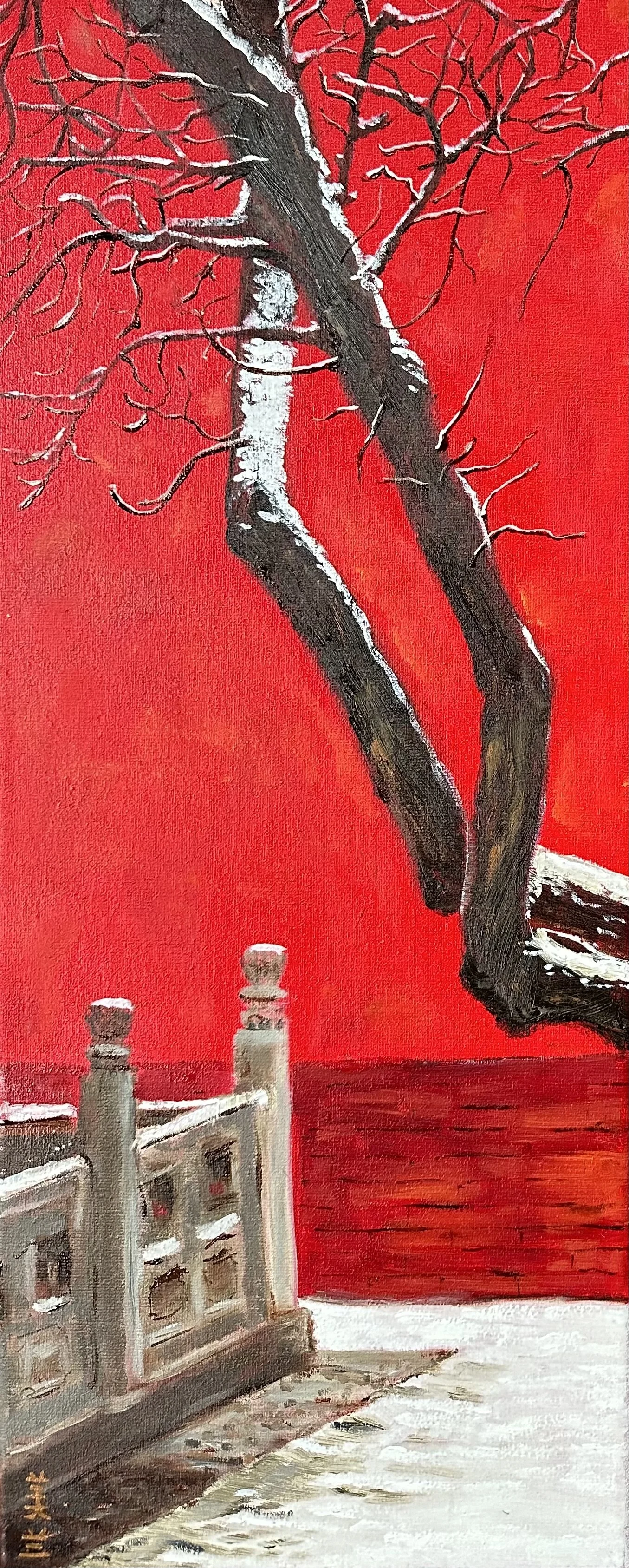 NAME: Whispers of Winter
DESCRIPTION: You see a tranquil winter moment within the ancient palace grounds. A tree, dusted with fresh snow, stands gracefully beside an intricately carved stone railing. This peaceful winter scene reflects the quiet gran