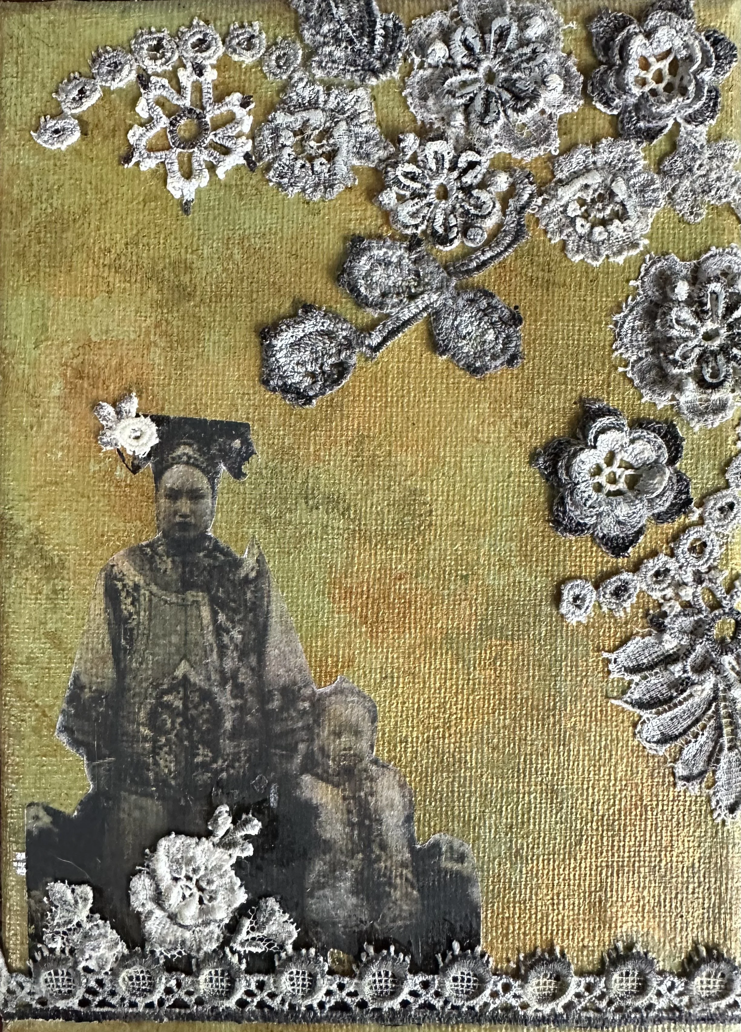 NAME: Little Chinese Girl
DESCRIPTION: This little painting beautifully depicts a Chinese mother and daughter sharing a moment of connection and reverence for their cultural heritage. Dressed in exquisite traditional attire, they stand as a testament