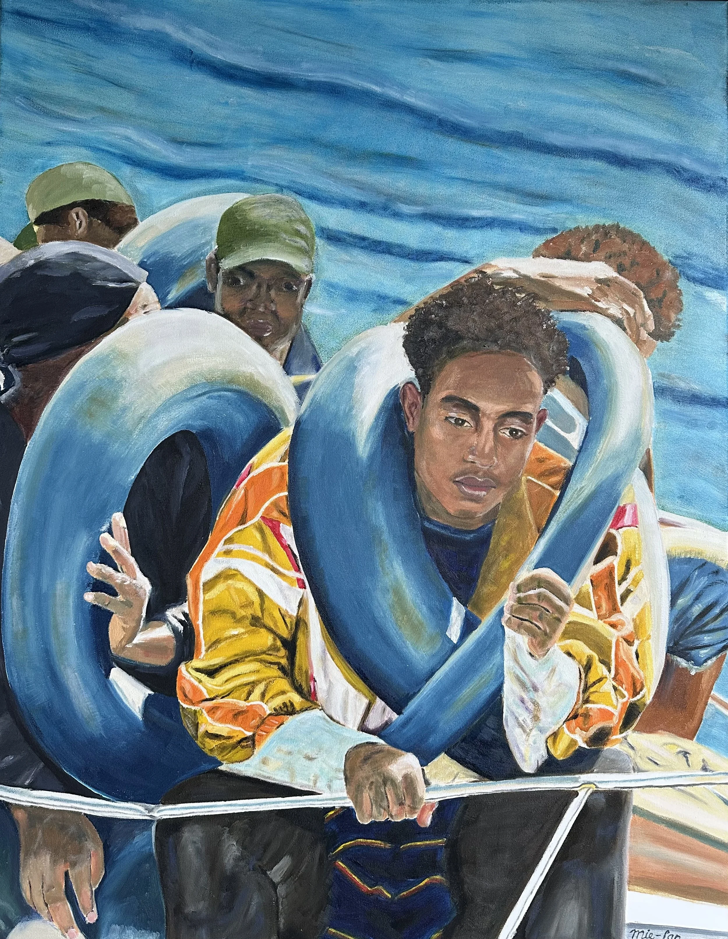 NAME: Muaz
DESCRIPTION: The painting depicts Muaz, a young Ethiopian refugee, on an overcrowded boat crossing the Mediterranean. Surrounded by others fleeing for safety, his eyes reflect the sorrow of leaving his family and the fear of an uncertain f