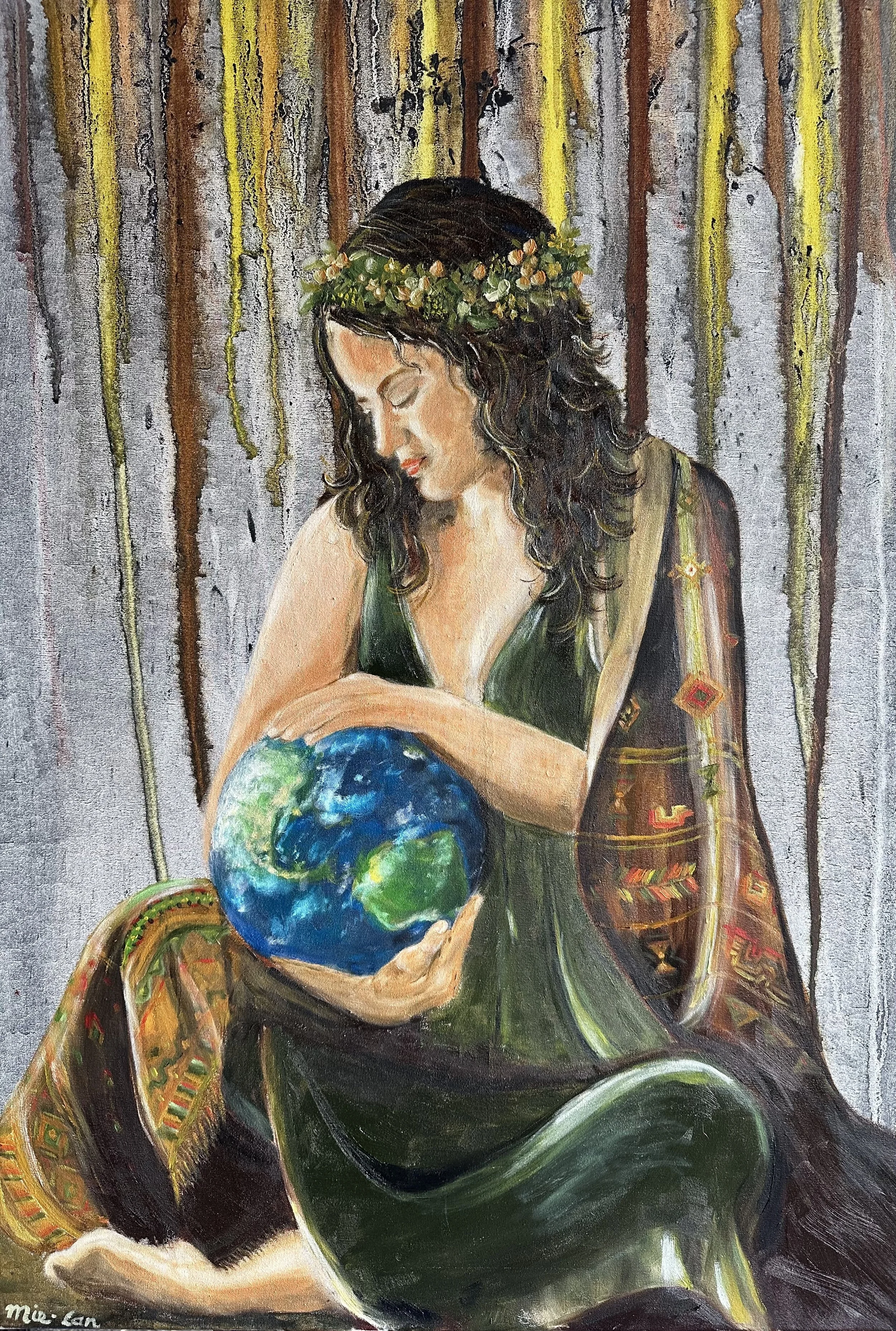 NAME: Patcha Mama
DESCRIPTION: The painting portrays a profound and tender image of a woman symbolizing Mother Earth, cradling the Earth in her arms as one would a cherished infant. Her serene smile radiates warmth and calm, conveying a deep sense of
