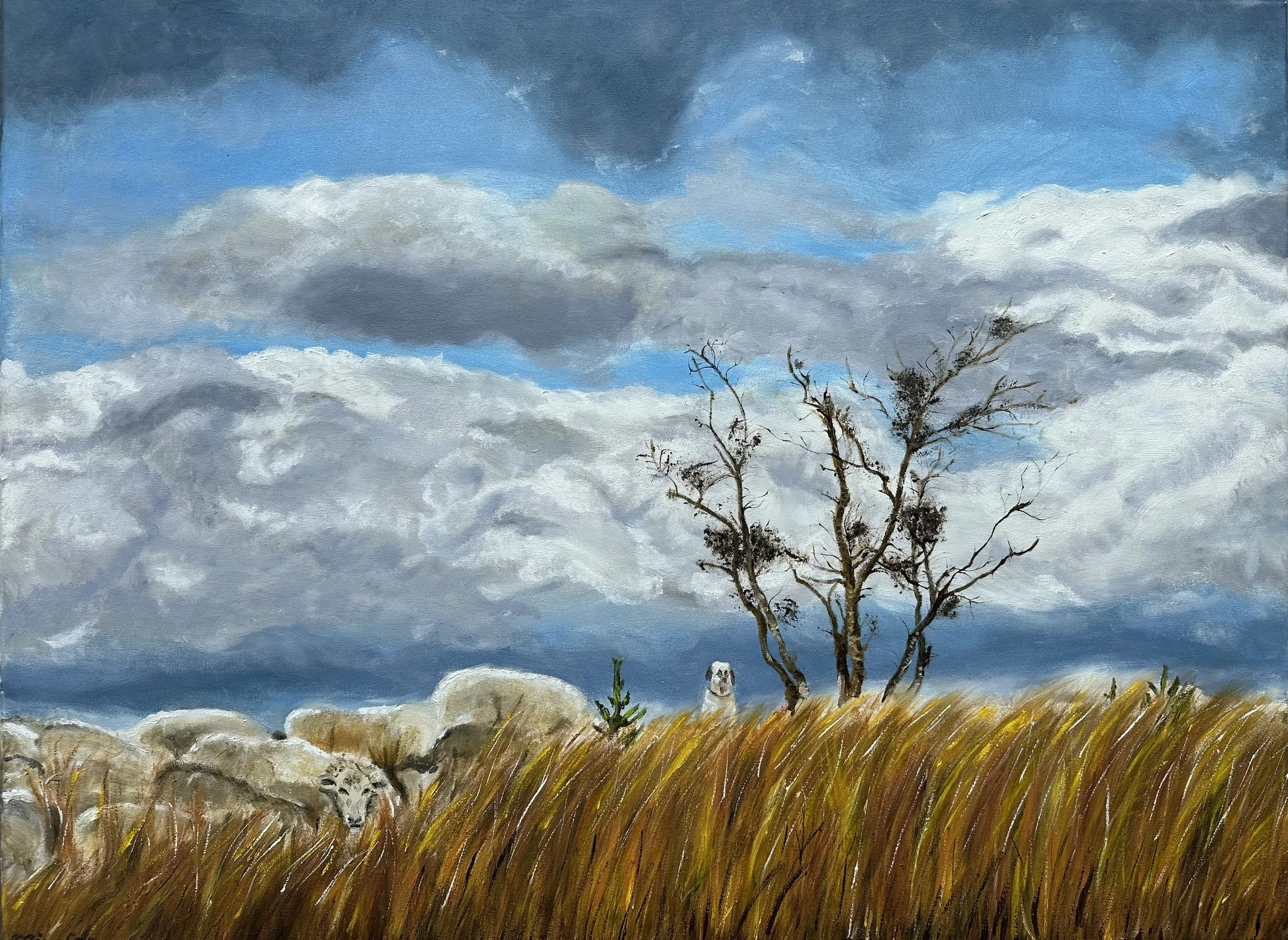 NAME: The Sheep Dog DESCRIPTION: This painting captures a moody heathland landscape in autumn. The sky is filled with heavy, brooding clouds, casting a dramatic light over the scene. Bare trees stand silhouetted against the grey-blue atmosphere, stri