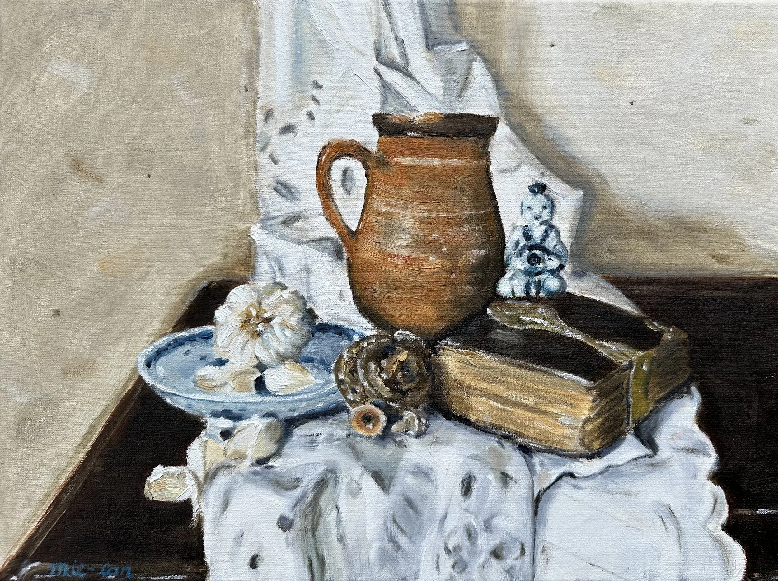 NAME: The Jug DESCRIPTION: The painting is a still life titled The Jug. At its center stands an antique earthenware jug, drawing the viewer’s attention. Surrounding it are carefully arranged personal objects: a small plate holding a bulb of garlic, a