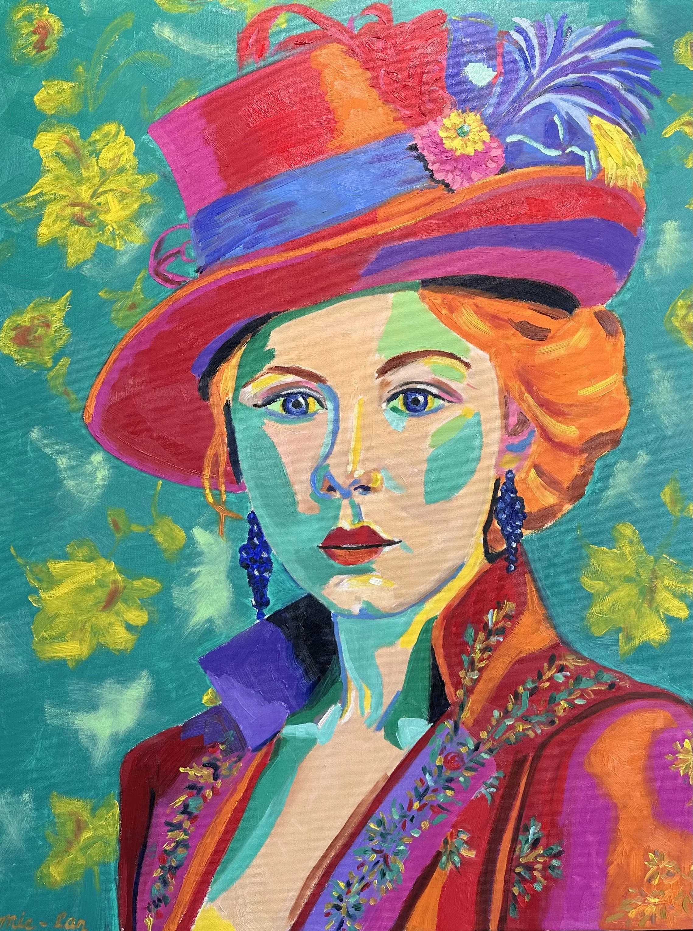 NAME: Lady with the Hat
DESCRIPTION: This painting, inspired by Henri Matisse’s Woman with a Hat, portrays a woman wearing a bold, expressive hat rendered in vivid colors. Created in the Fauvist style, a movement in which Matisse was a central figure