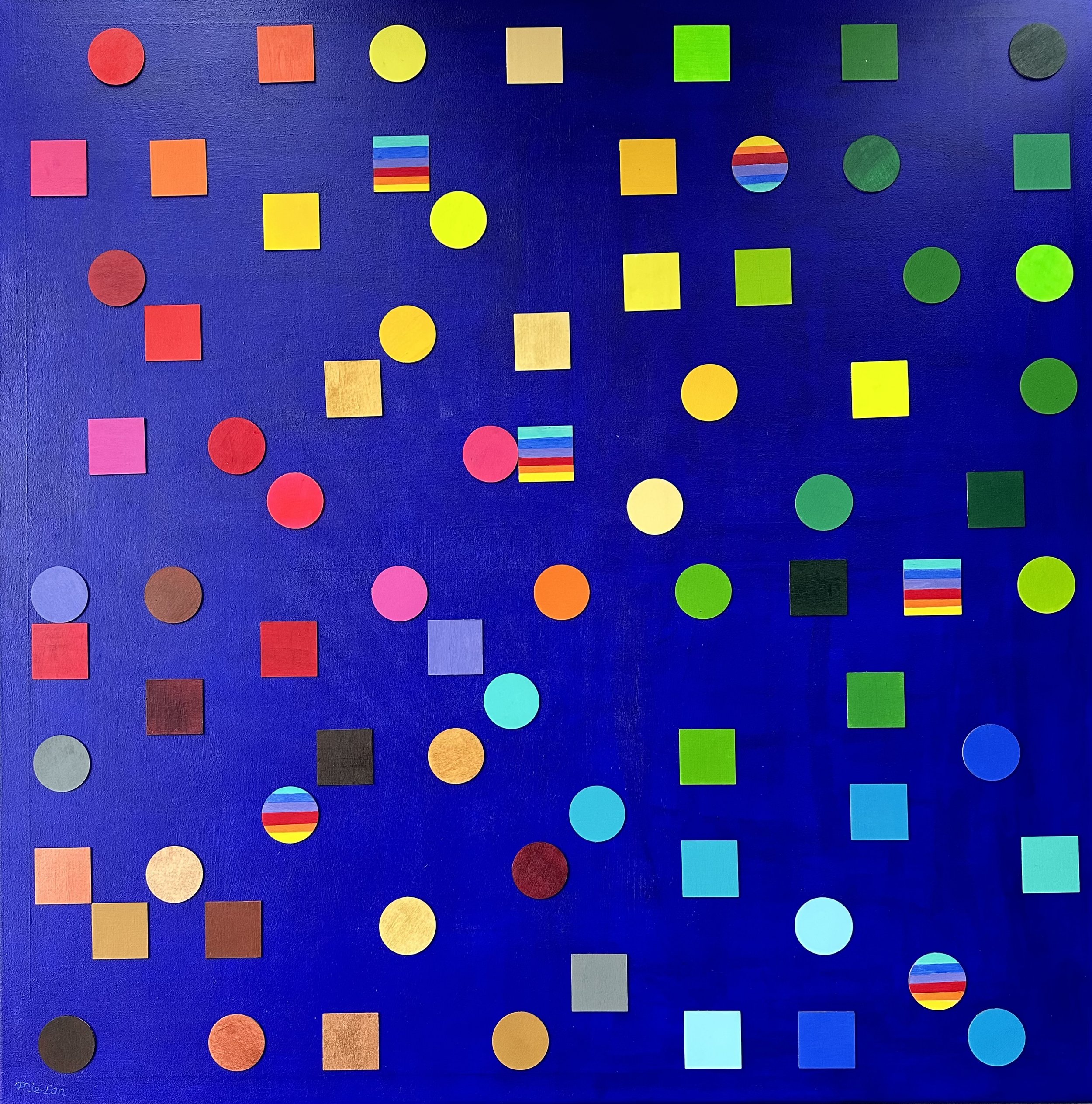 NAME: Inclusion DESCRIPTION: This abstract painting, titled 'Inclusion', is a vibrant composition of brightly colored squares and circles, symbolizing men and women. Among them are a few shapes in rainbow colors, representing LGBTQIA+ individuals and