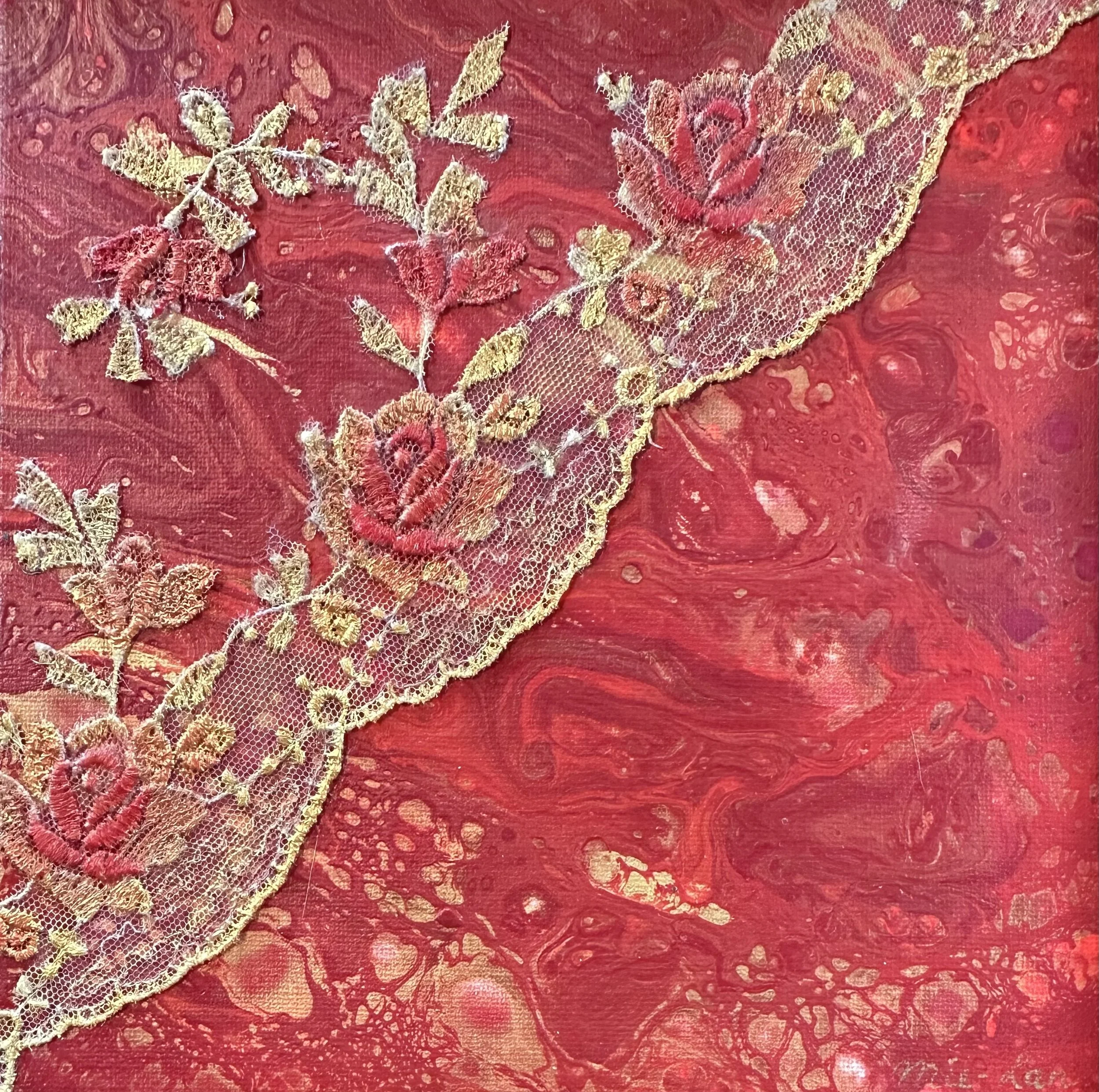 NAME: Golden Red
DESCRIPTION: This artwork features a rich, deep red background created with a fluid, marbled texture that flows organically across the canvas. The combination of textured paint and tactile lace creates a harmonious contrast between f