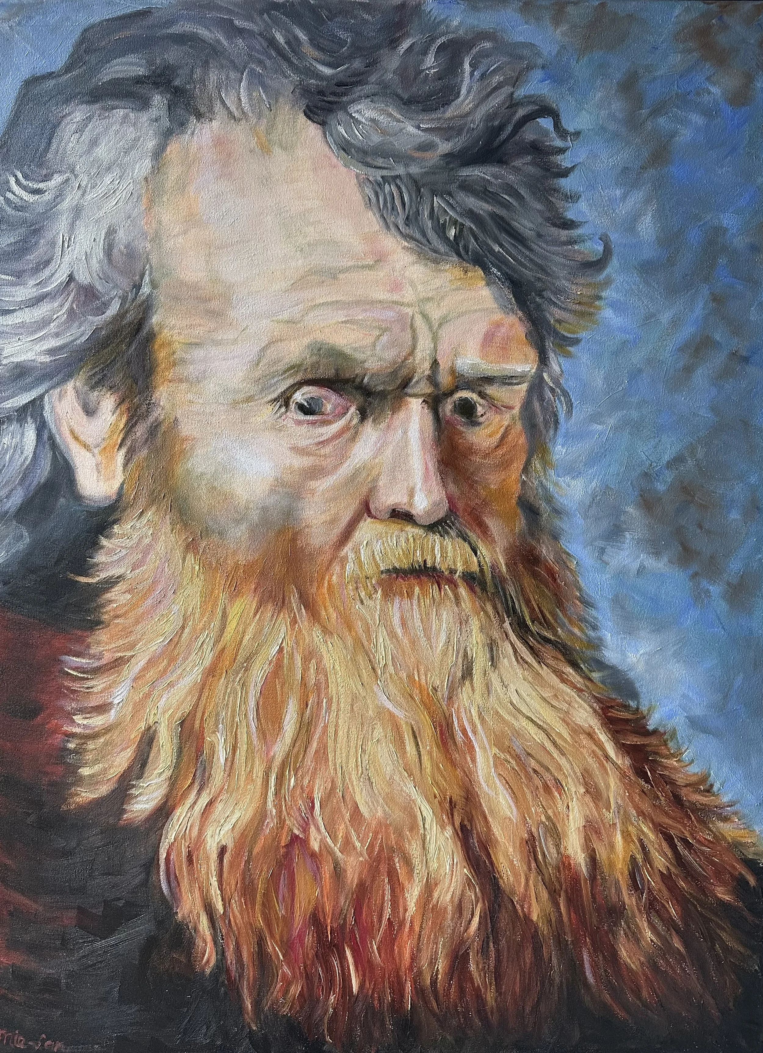 NAME: Man with beard
DESCRIPTION: This poignant portrait pays homage to the timeless elegance and profound wisdom captured in Rembrandt's iconic paintings, bringing to life the essence of age, experience, and human emotion. Perfect for art enthusiast