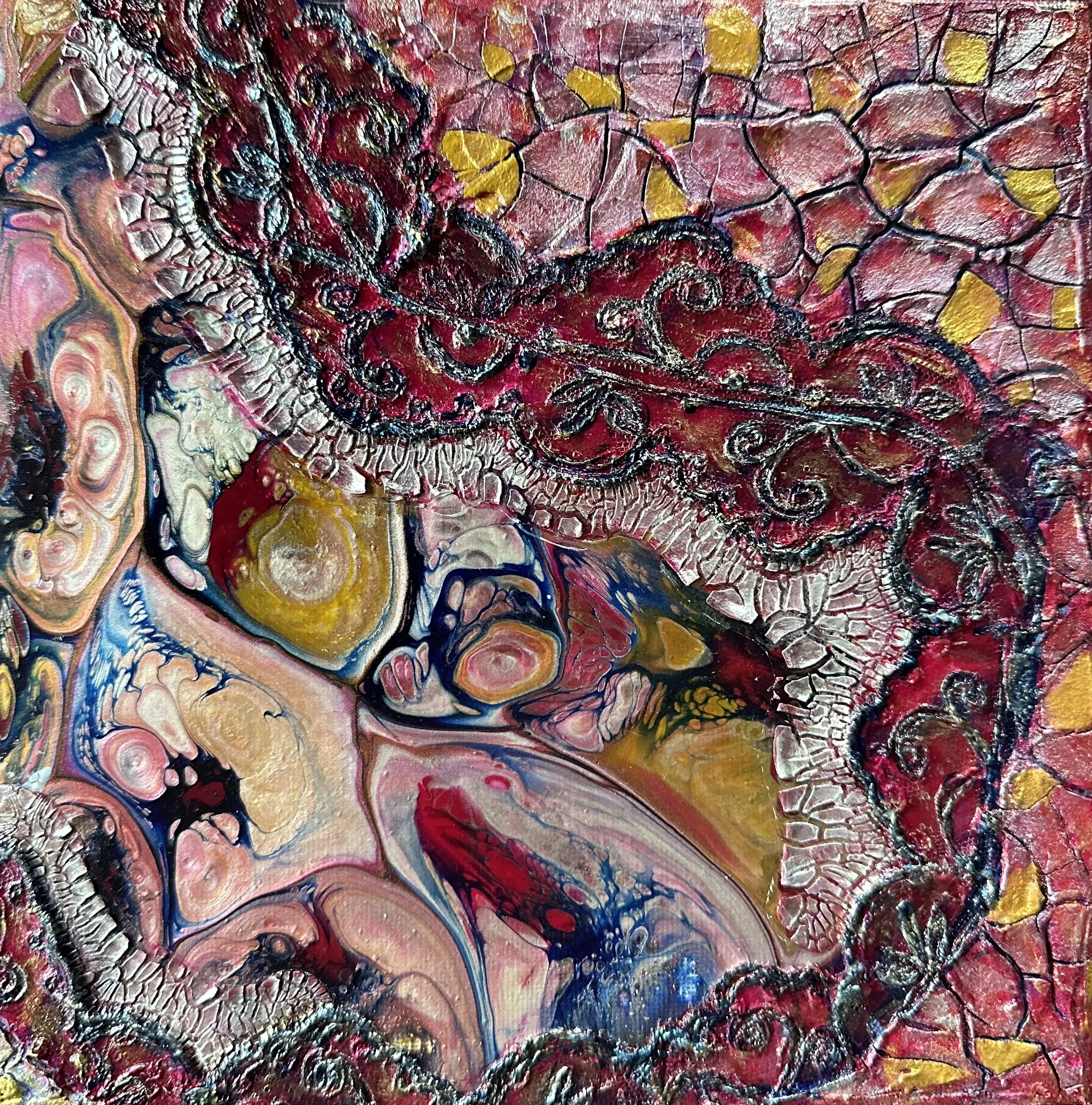 NAME: Pink Pieces DESCRIPTION: Embrace the inherent femininity of the painting, where soft curves and delicate textures come together to create a sense of timeless charm and grace. The lace adds a touch of romance and sophistication, while the crackl