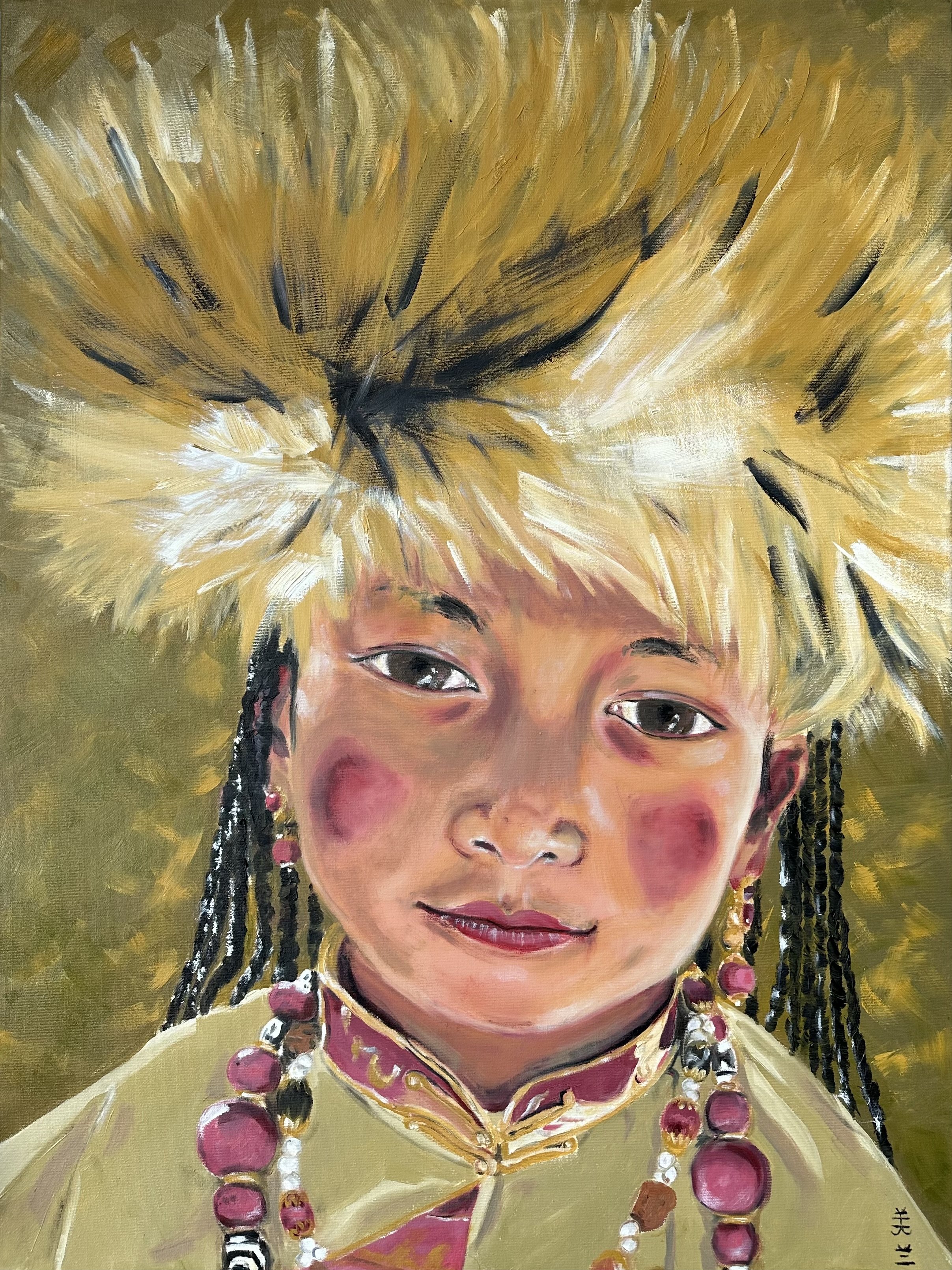 NAME: Tibetan Girl DESCRIPTION: A young Tibetan girl wears a traditional fur hat, her serene expression reflecting a quiet strength. Using the Zorn palette, ochre, vermilion, black, and whiteI bring warmth and depth to her face, highlighting her deli