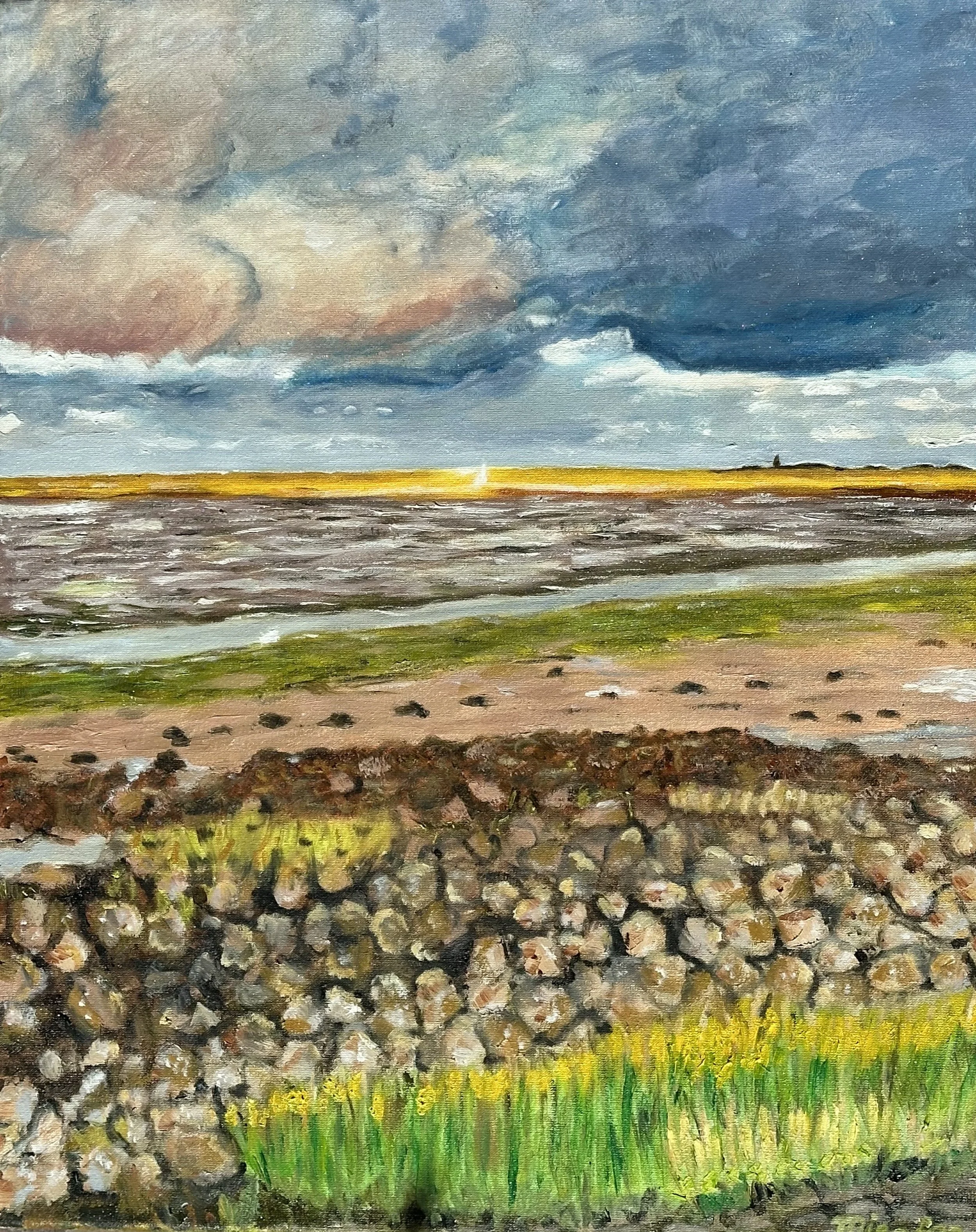 NAME: Texel
DESCRIPTION: The Texel shoreline at low tide is captured in this painting. The sky carries a slightly threatening mood, heavy with clouds, while the sun breaks through at the horizon, casting a golden glow across the seascape. In the fore