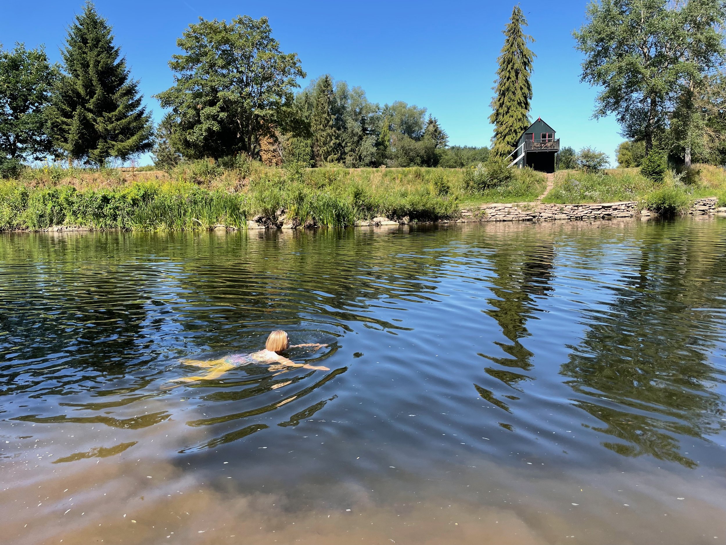 A person swimming in a pond with greenery and trees in the background, and a small house on a hill.