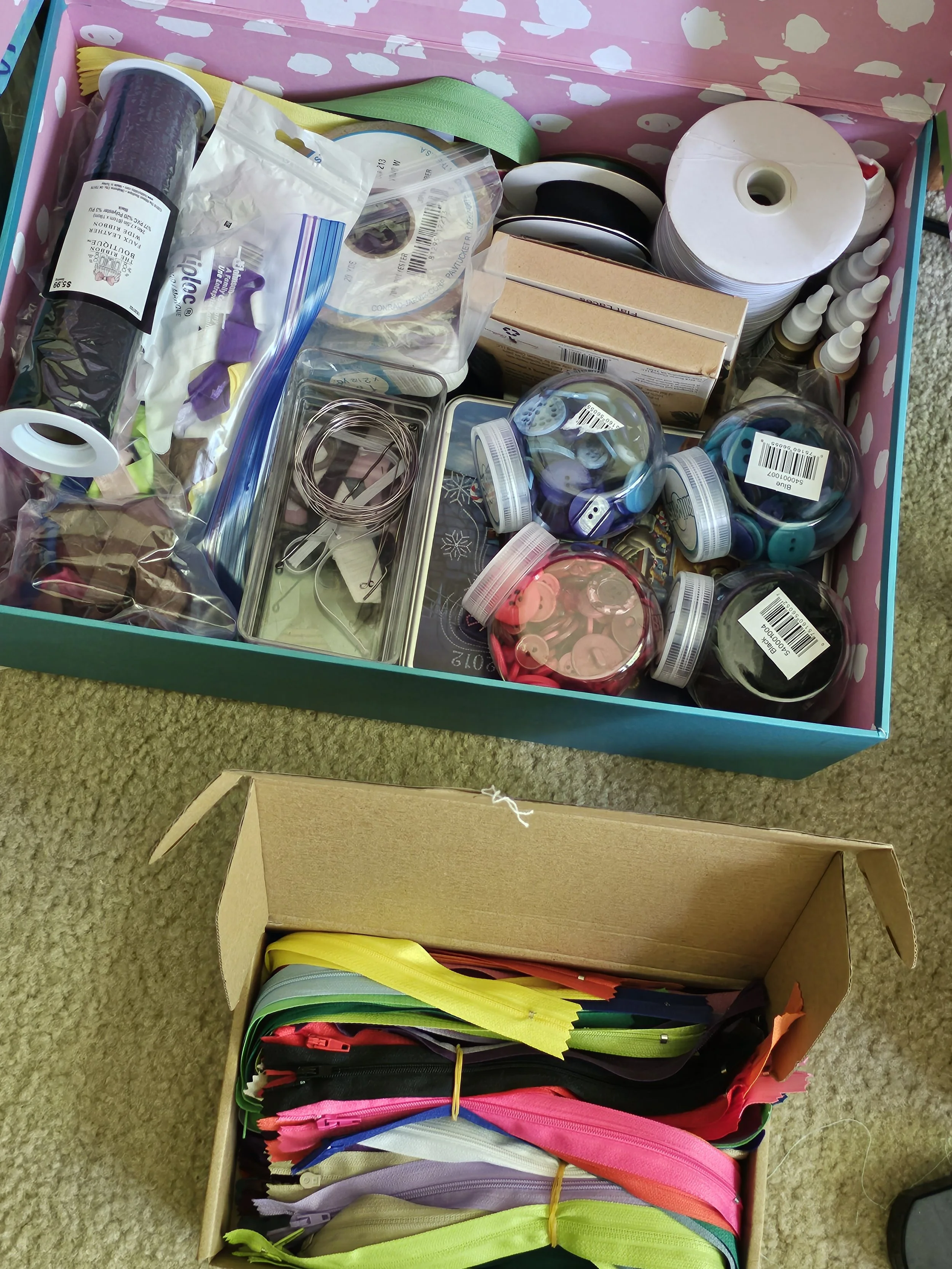 Another ever-growing collection... various Zippers, Elastics, Buttons, Wires, Shoe Strings, Ribbons.....