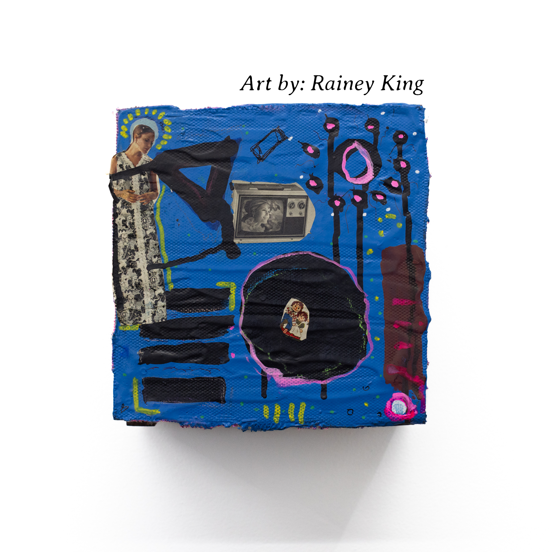 Mixed media collage art piece with cutouts, paint, and drawings on a textured surface. Features a woman in a long black and white dress, a black speaker, a vintage television with a woman's face, and various abstract shapes and lines in pink, black, 